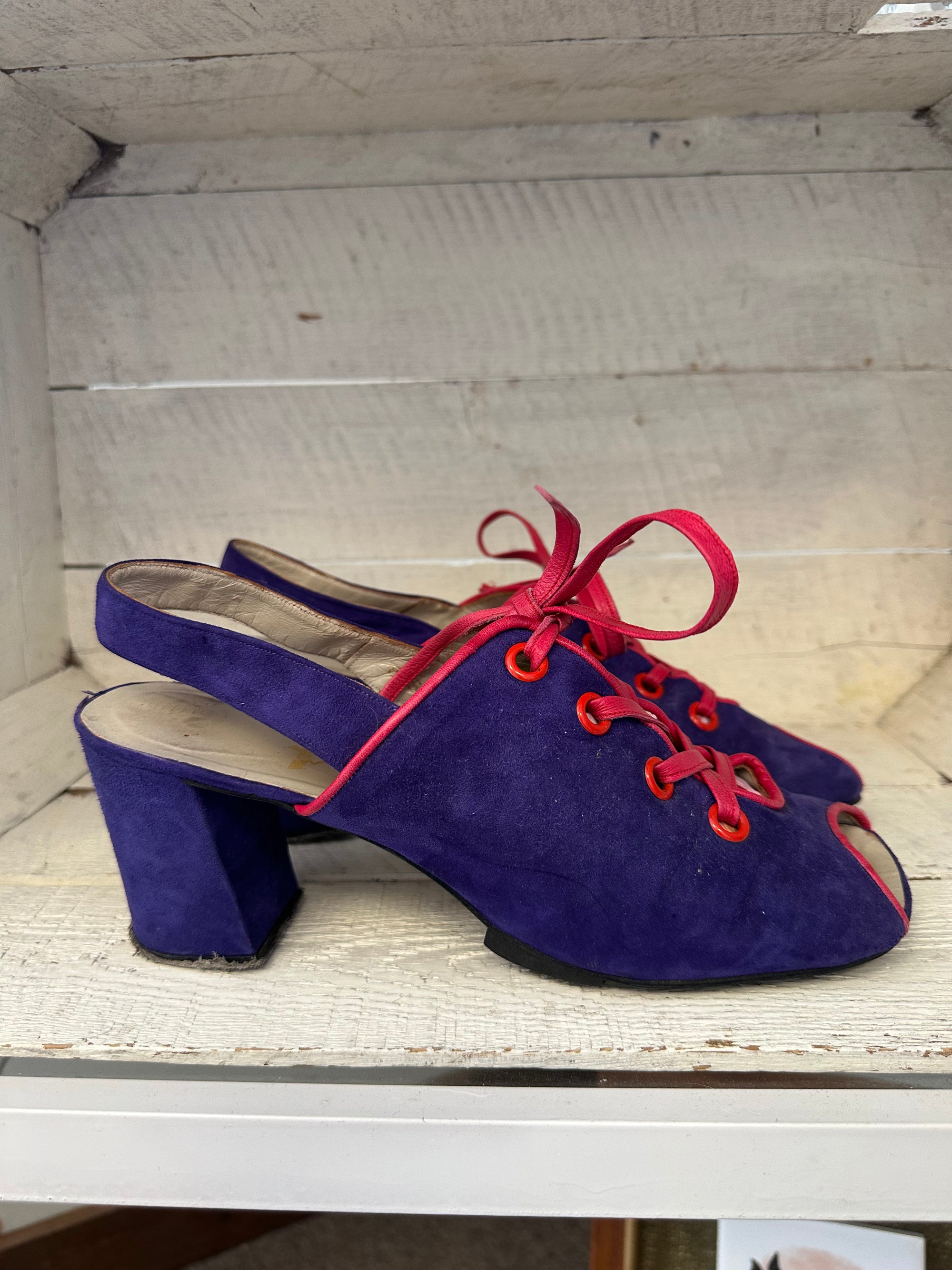 Vintage 1960s Pavel Lace Up Pink Leather and Suede Block Heel Sandals | Made in Spain | Women’s Size 8