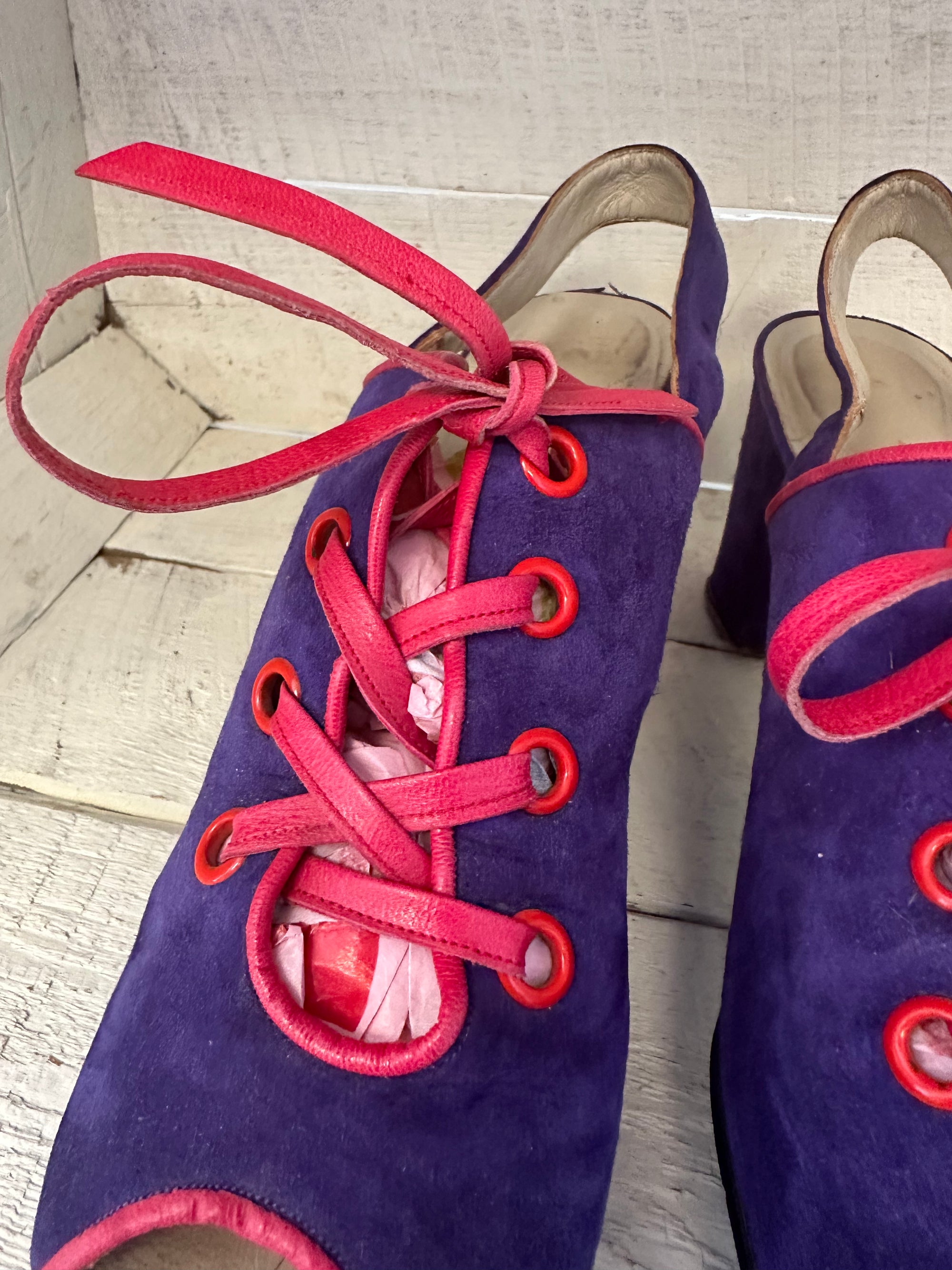 Vintage 1960s Pavel Lace Up Pink Leather and Suede Block Heel Sandals | Made in Spain | Women’s Size 8