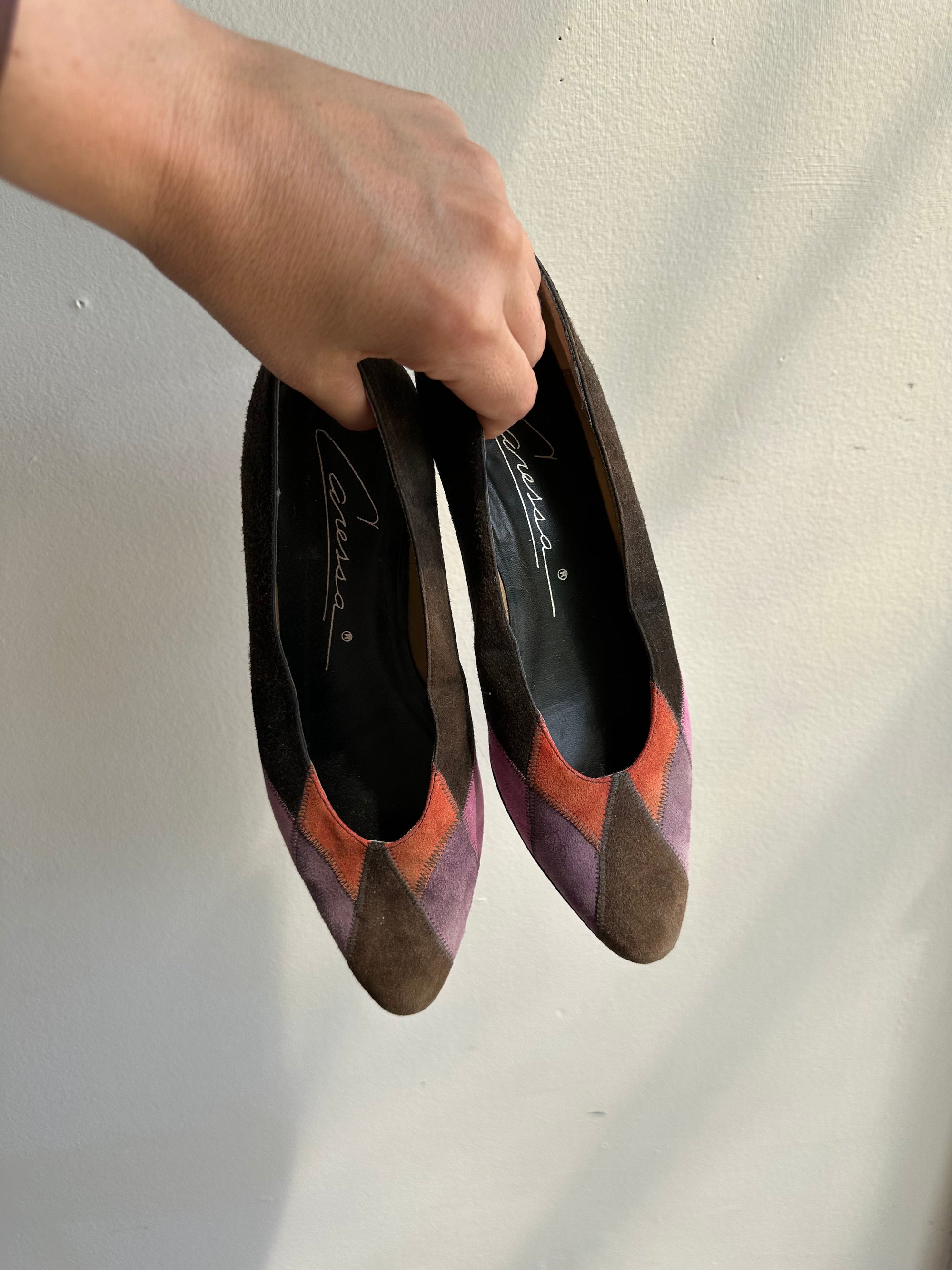 Vintage Caressa 1980s Tri-Colored Suede Flats | Made in Spain | Size Women’s 7.5
