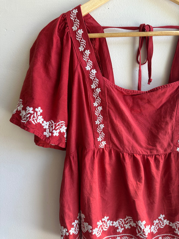 Embroidered Crimson Peasant Blouse | Vintage Boho Charm | Size Medium