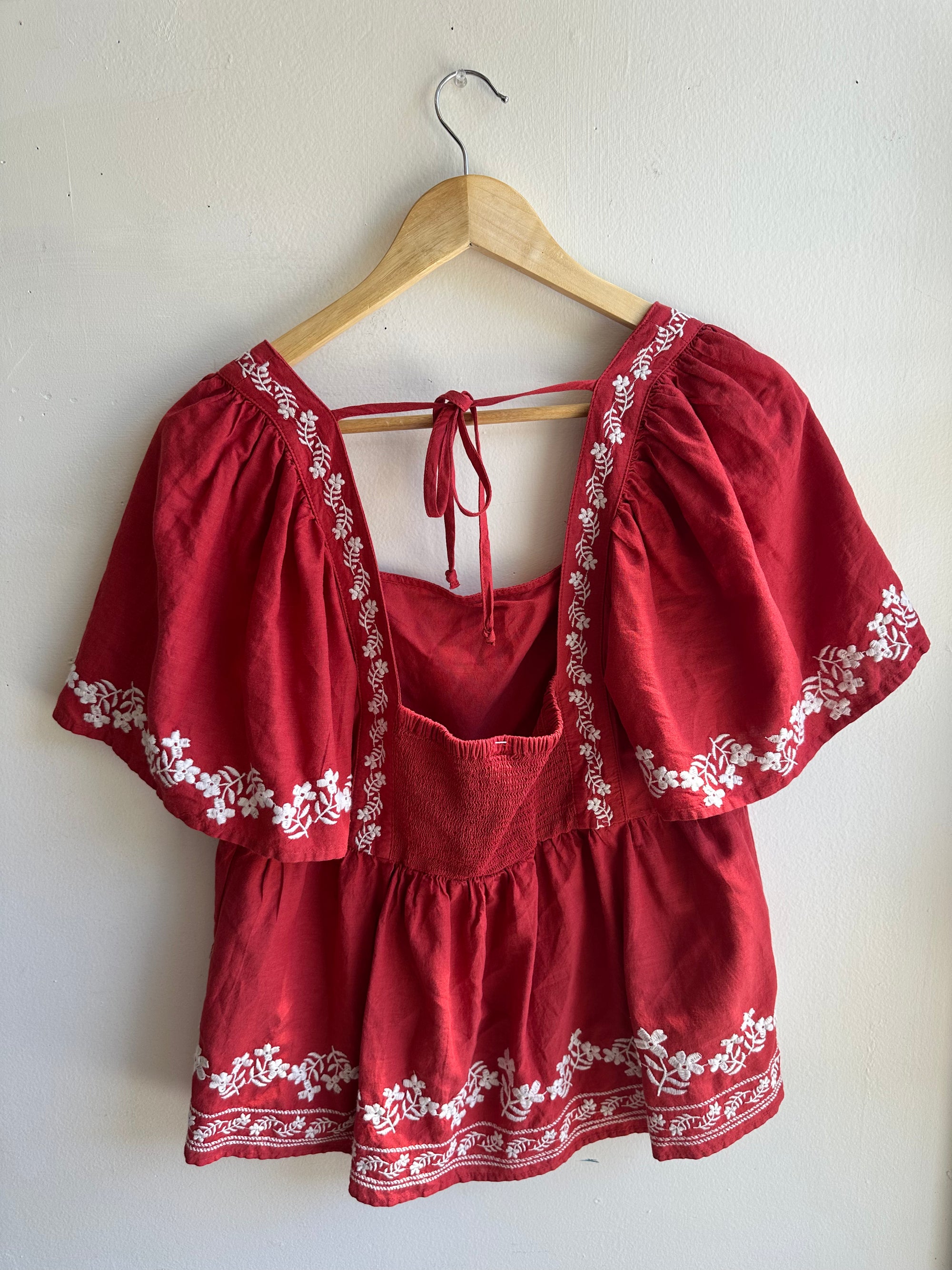 Embroidered Crimson Peasant Blouse | Vintage Boho Charm | Size Medium