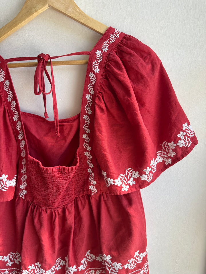 Embroidered Crimson Peasant Blouse | Vintage Boho Charm | Size Medium