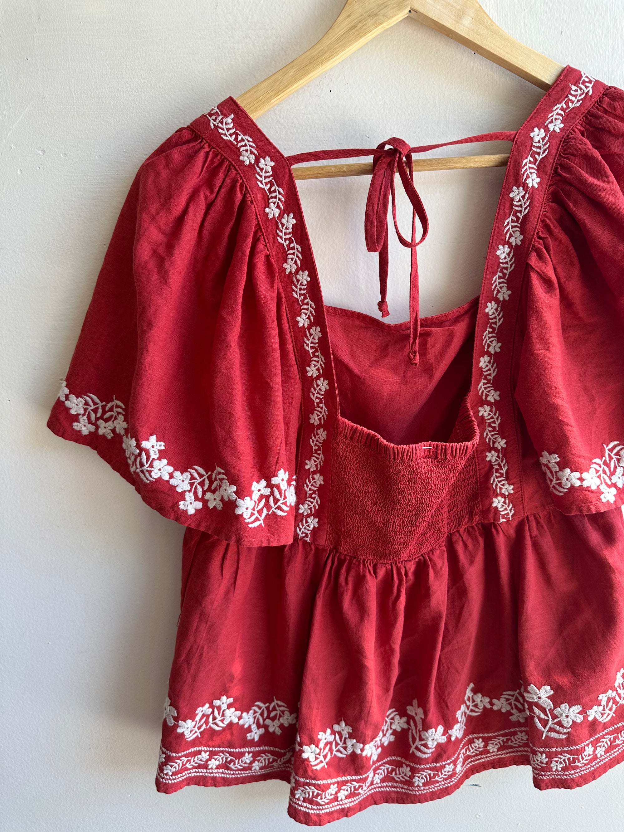 Embroidered Crimson Peasant Blouse | Vintage Boho Charm | Size Medium