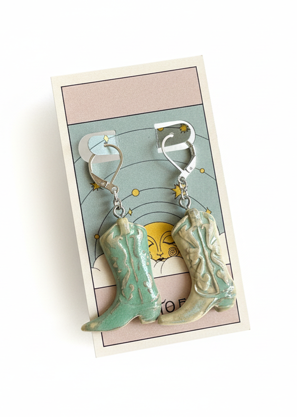 Earth to Ember | Handmade Ceramic Cowboy Boot Earrings | Teal
