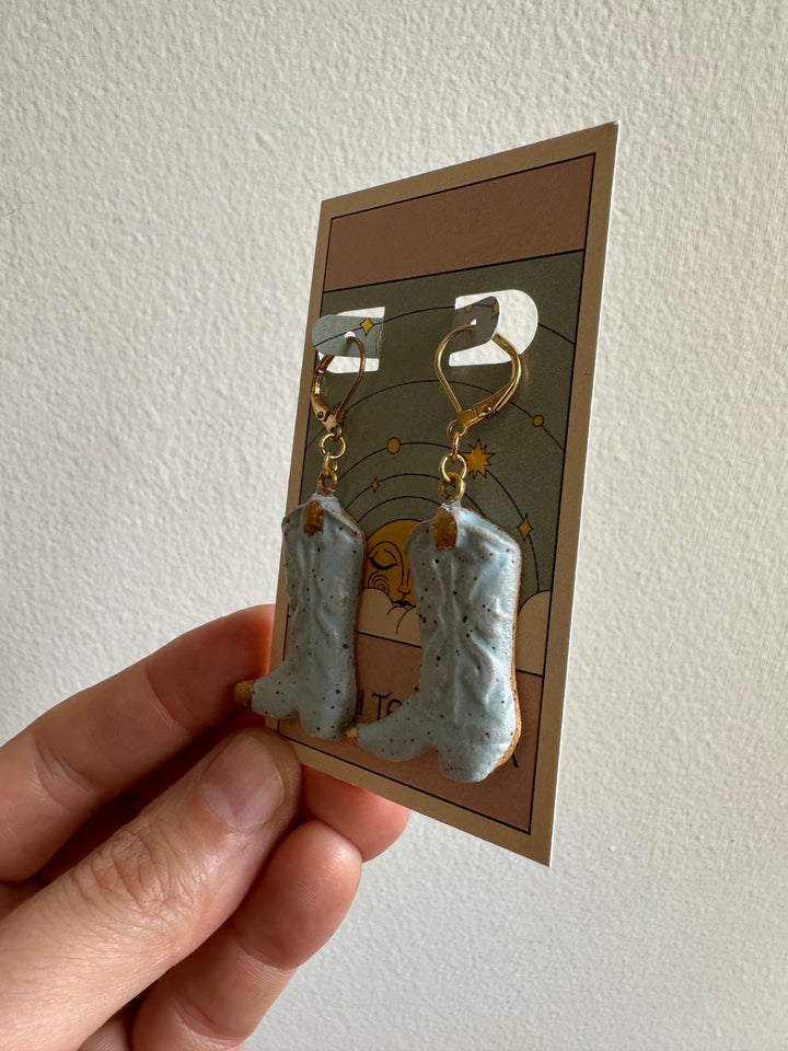 Earth to Ember | Handmade Ceramic Cowboy Boot Earrings | Blue