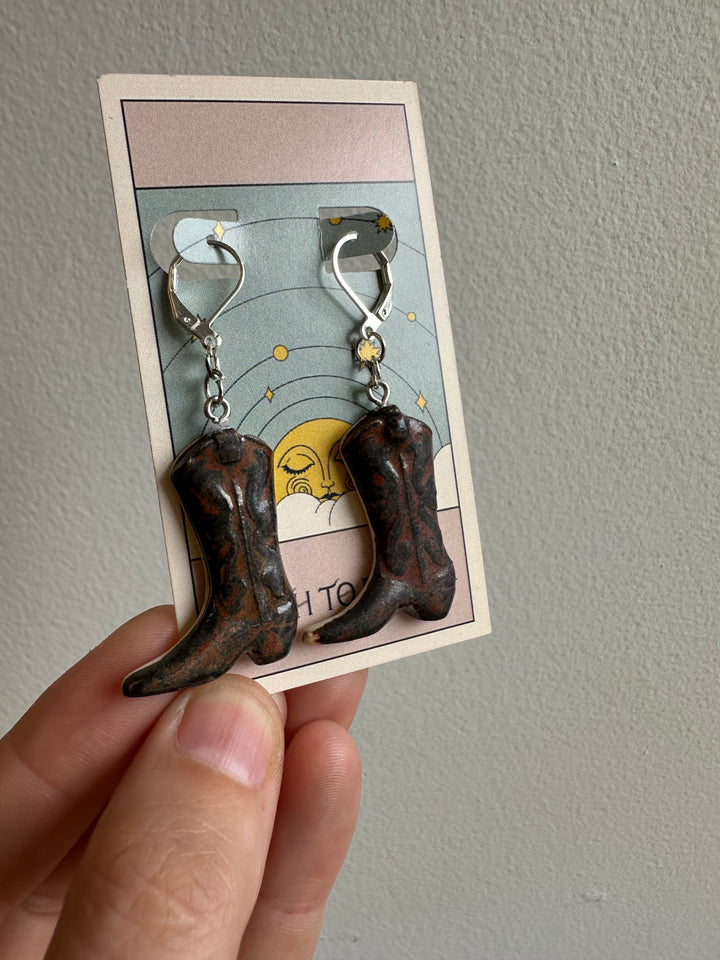 Earth to Ember | Handmade Ceramic Cowboy Boot Earrings | Brown