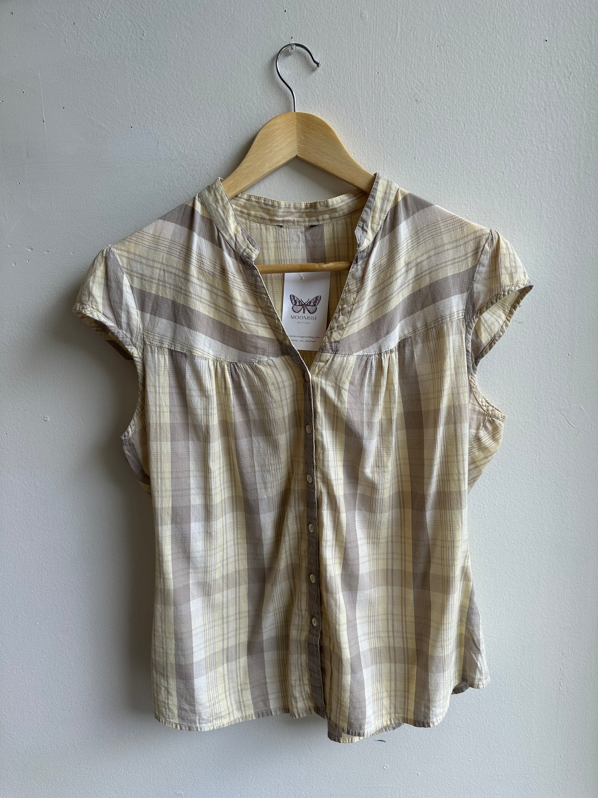 Vintage Butter Yellow Prairie Blouse | Soft Plaid Cap Sleeve | Size Medium