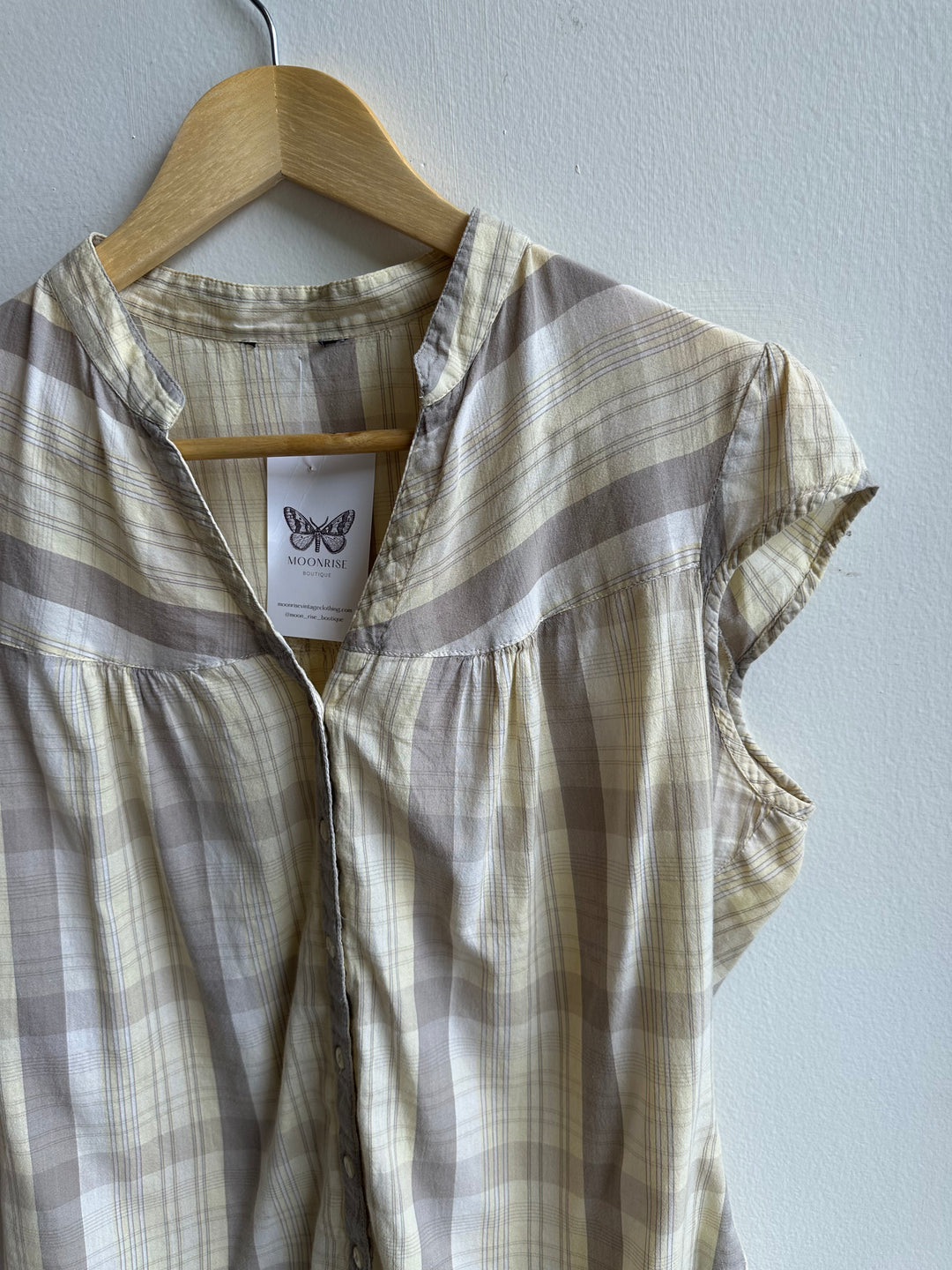 Vintage Butter Yellow Prairie Blouse | Soft Plaid Cap Sleeve | Size Medium