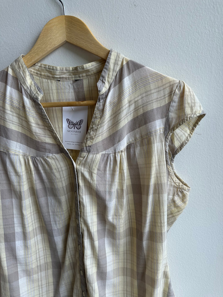 Vintage Butter Yellow Prairie Blouse | Soft Plaid Cap Sleeve | Size Medium