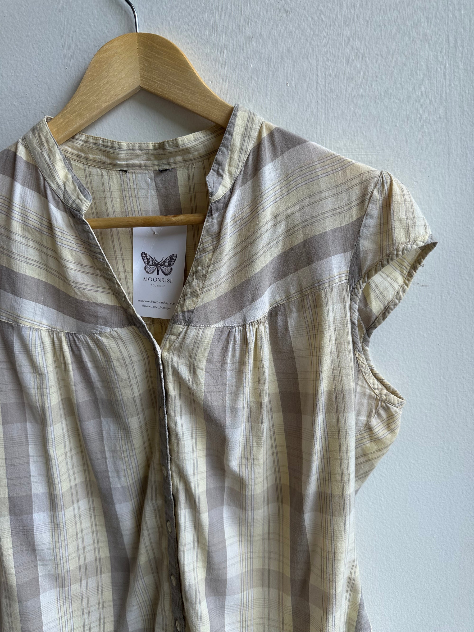 Vintage Butter Yellow Prairie Blouse | Soft Plaid Cap Sleeve | Size Medium