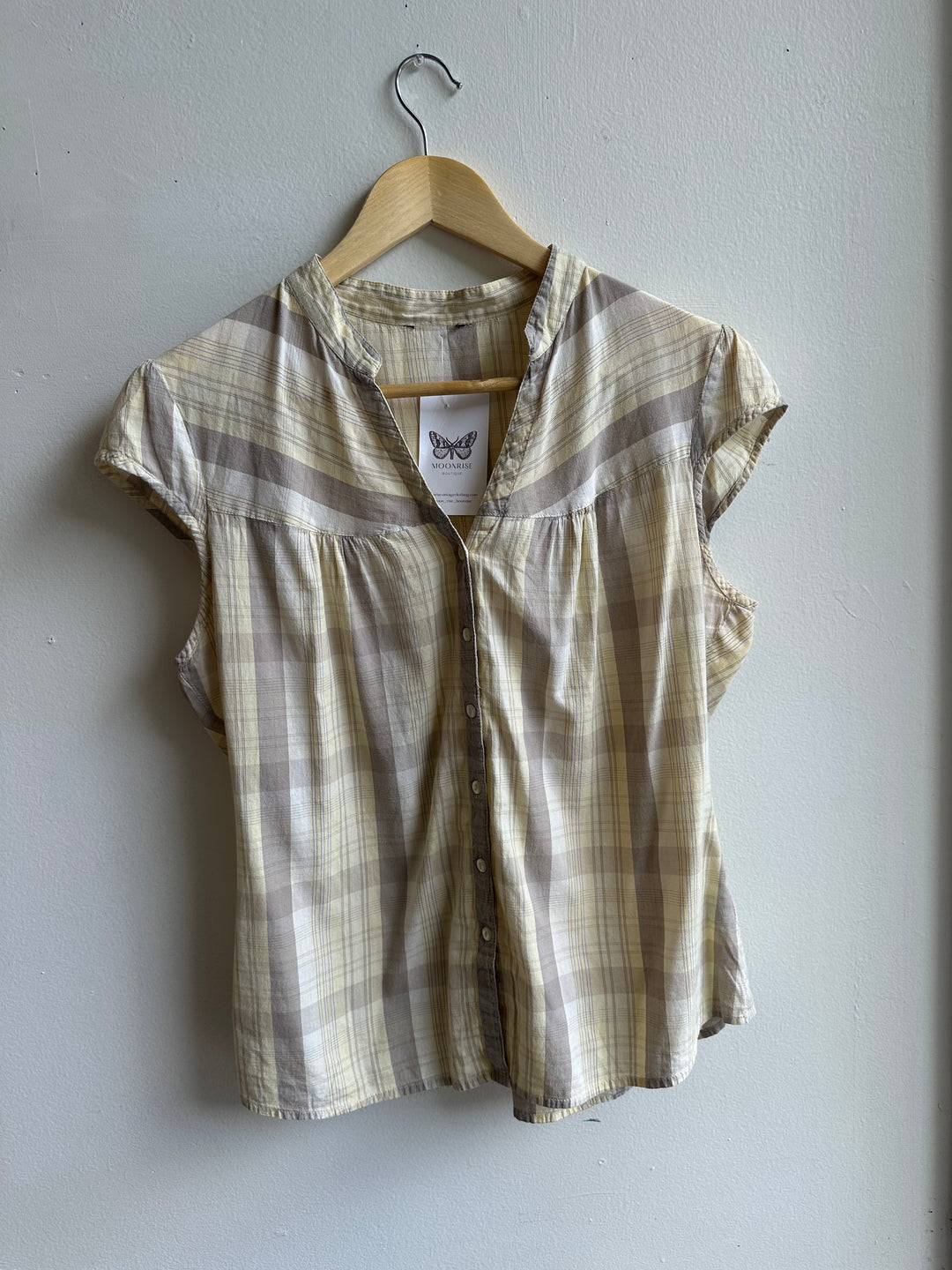 Vintage Butter Yellow Prairie Blouse | Soft Plaid Cap Sleeve | Size Medium