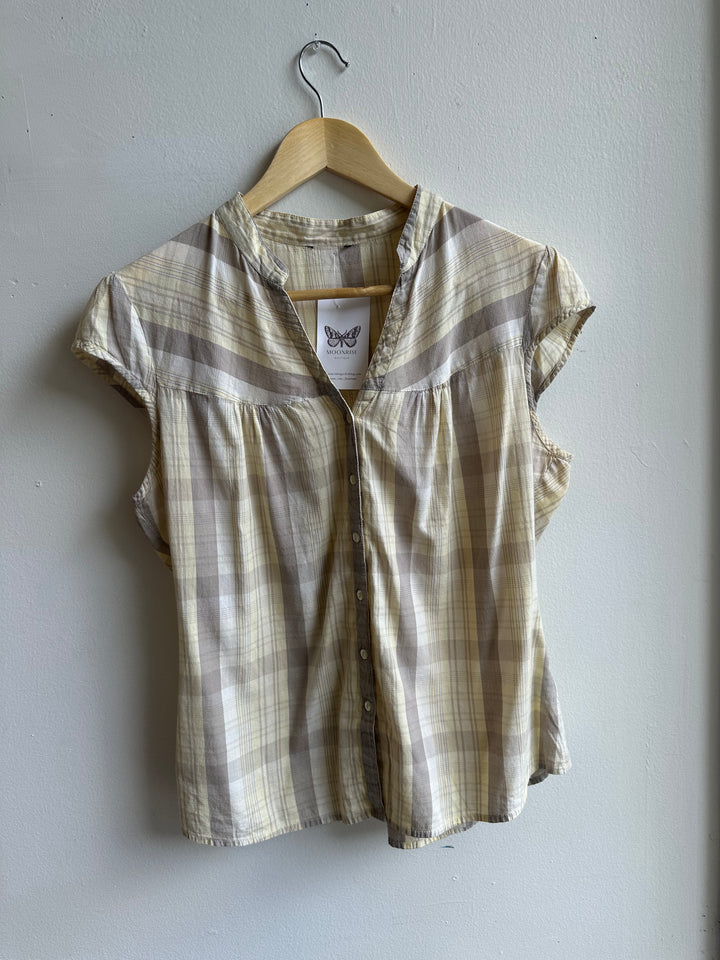 Vintage Butter Yellow Prairie Blouse | Soft Plaid Cap Sleeve | Size Medium