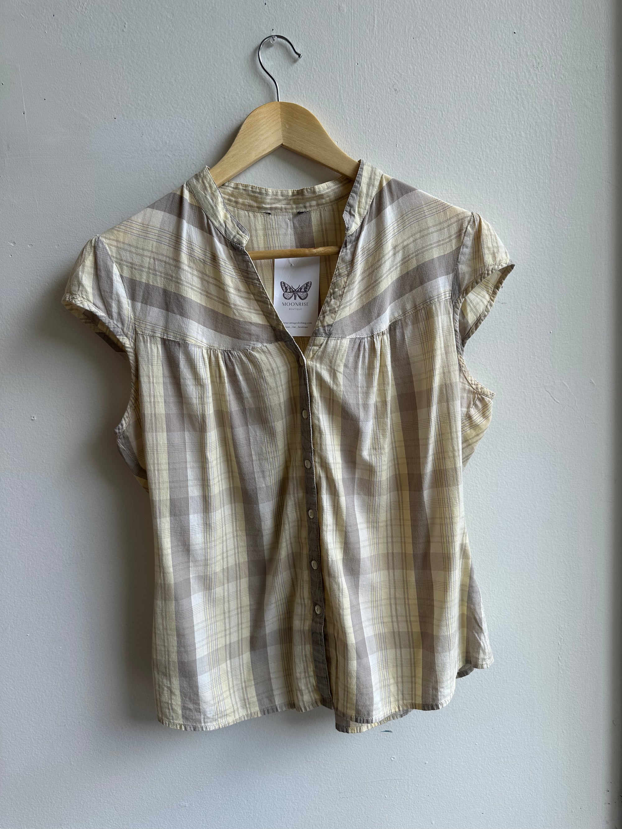 Vintage Butter Yellow Prairie Blouse | Soft Plaid Cap Sleeve | Size Medium