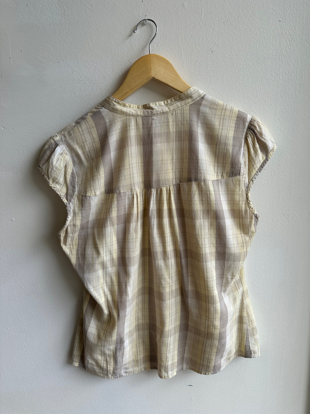 Vintage Butter Yellow Prairie Blouse | Soft Plaid Cap Sleeve | Size Medium