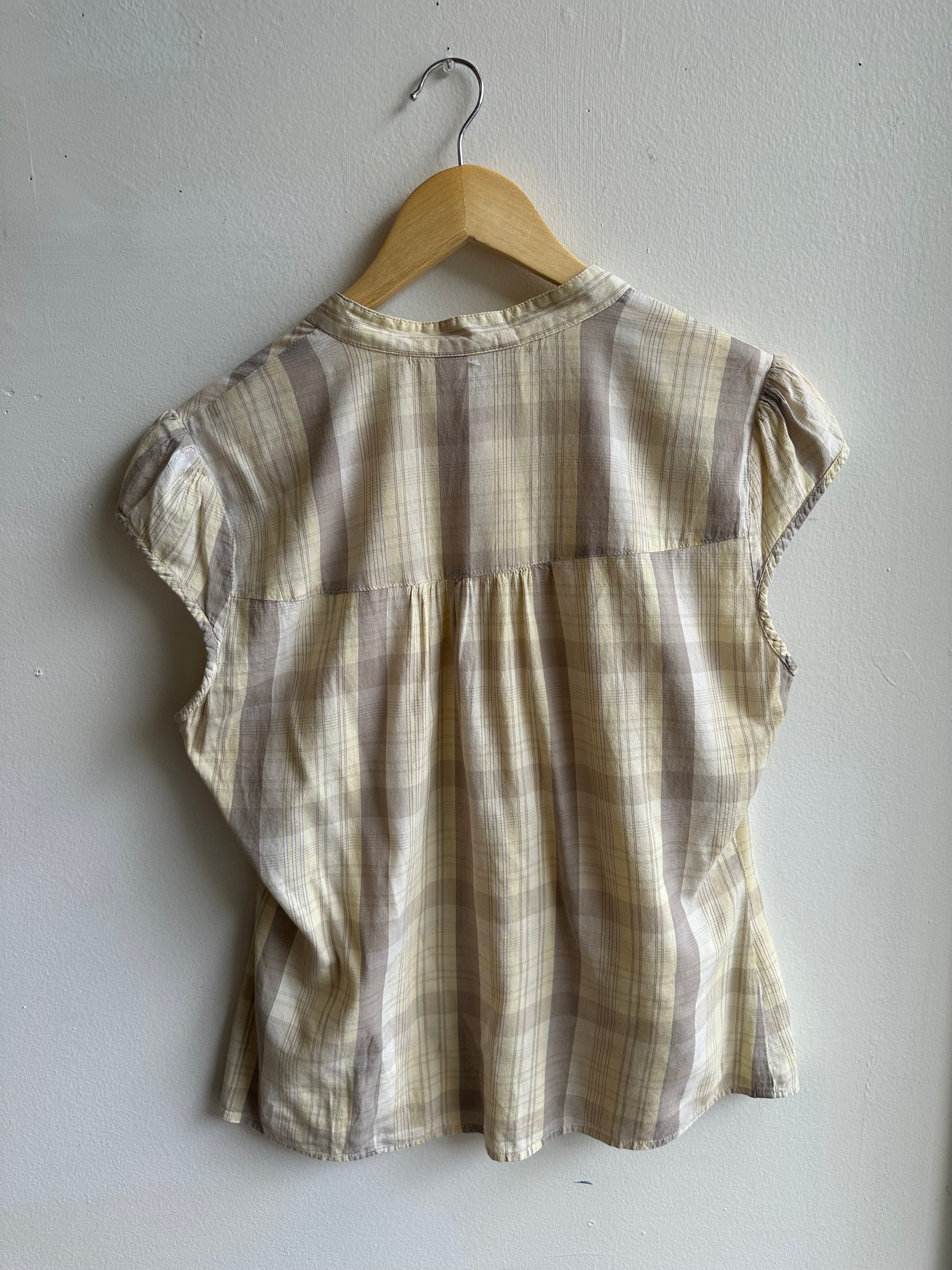 Vintage Butter Yellow Prairie Blouse | Soft Plaid Cap Sleeve | Size Medium