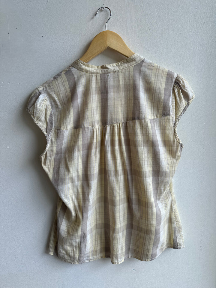 Vintage Butter Yellow Prairie Blouse | Soft Plaid Cap Sleeve | Size Medium