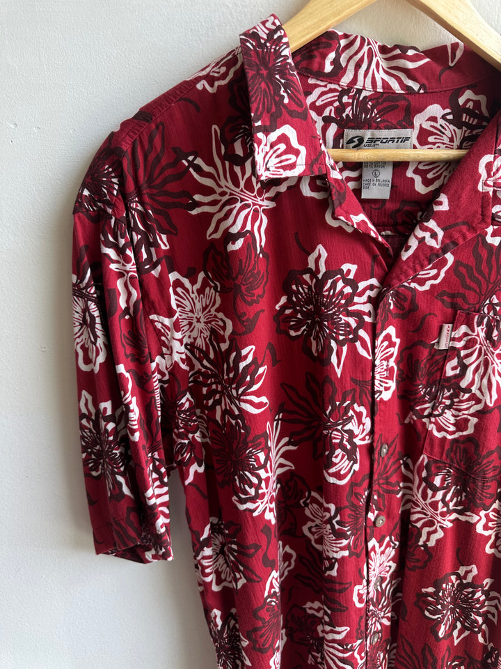 Vintage Sportz Aloha Shirt – Deep Red Hibiscus | Size Large