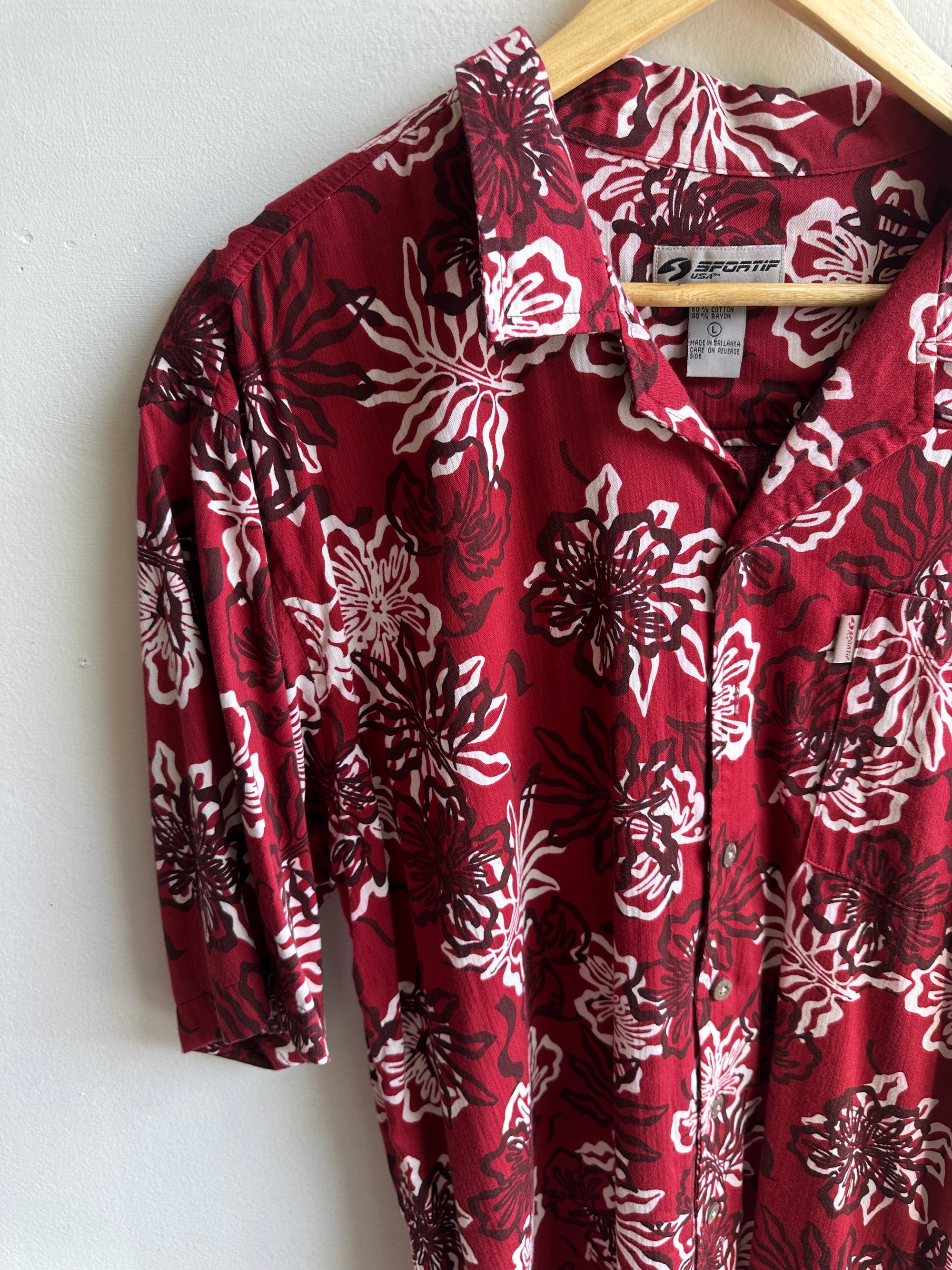 Vintage Sportz Aloha Shirt – Deep Red Hibiscus | Size Large