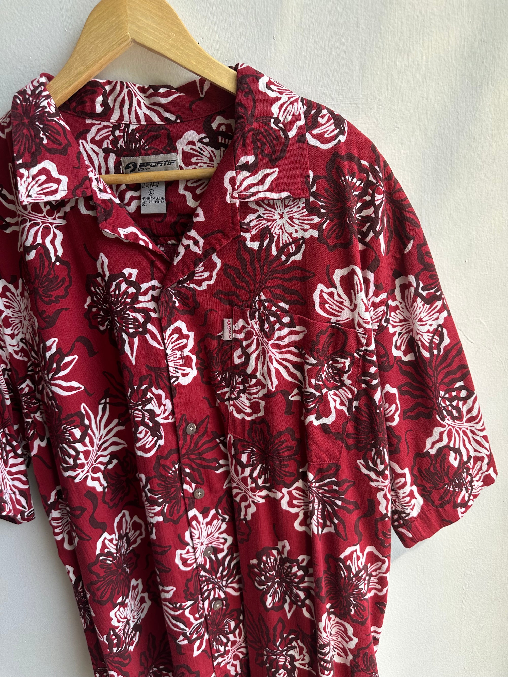 Vintage Sportz Aloha Shirt – Deep Red Hibiscus | Size Large