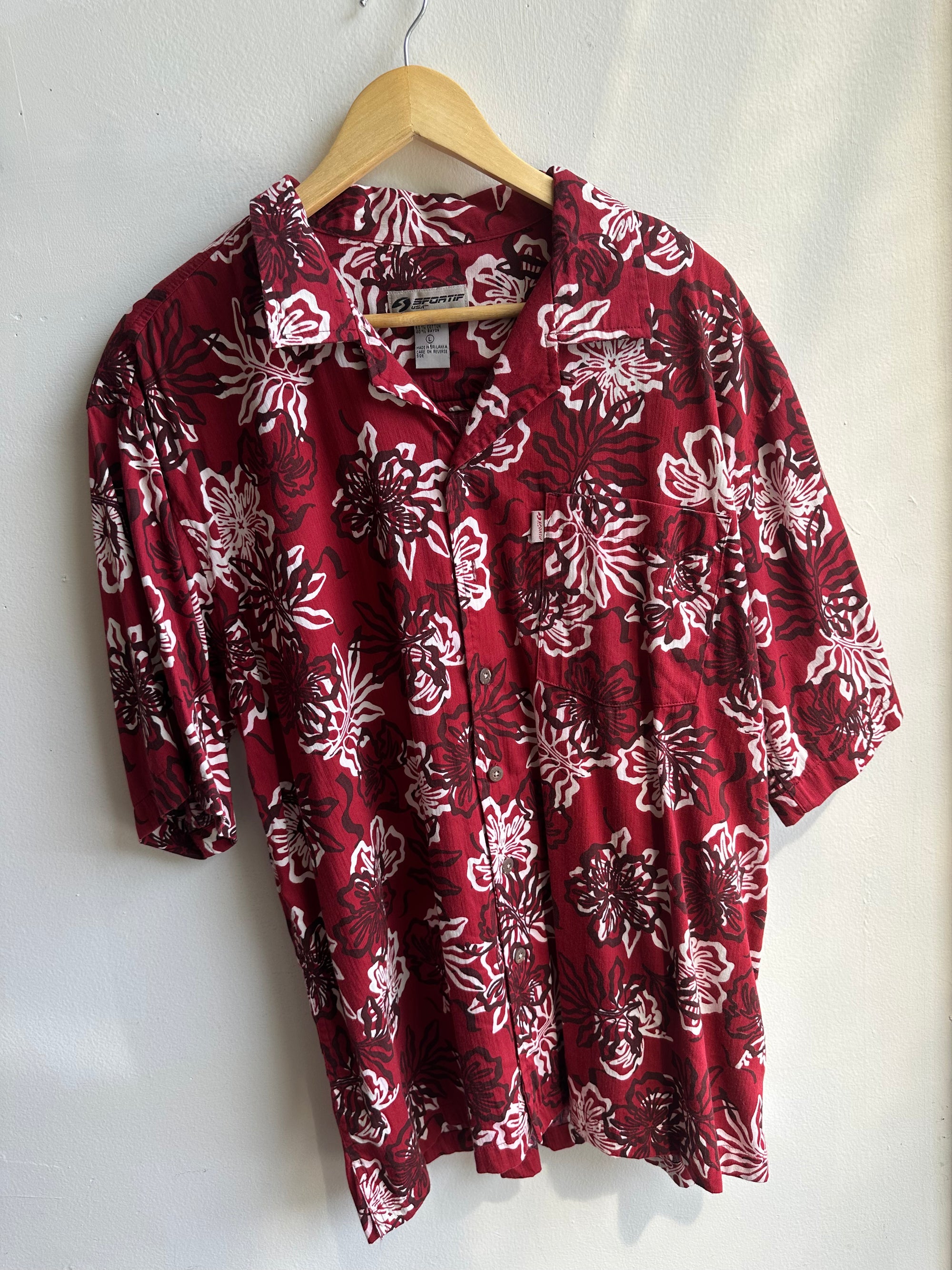 Vintage Sportz Aloha Shirt – Deep Red Hibiscus | Size Large