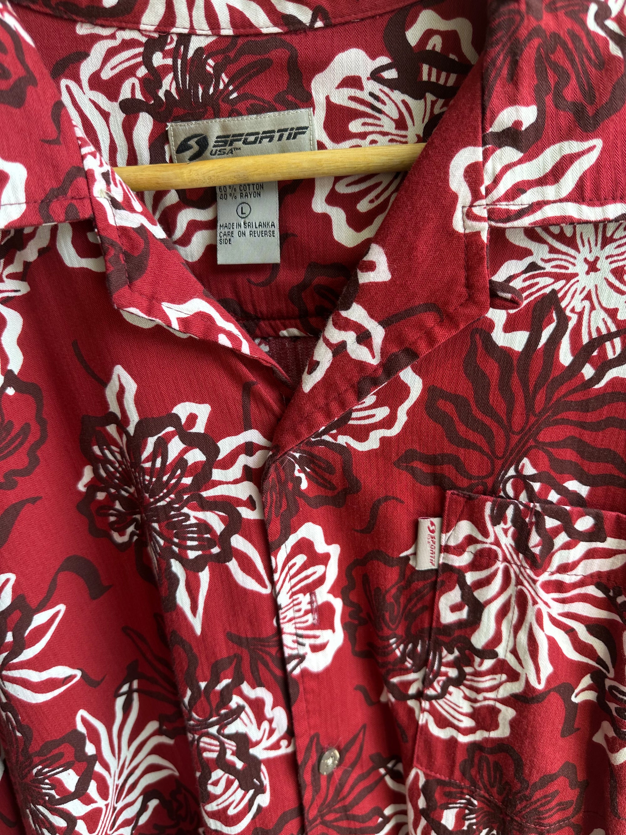 Vintage Sportz Aloha Shirt – Deep Red Hibiscus | Size Large