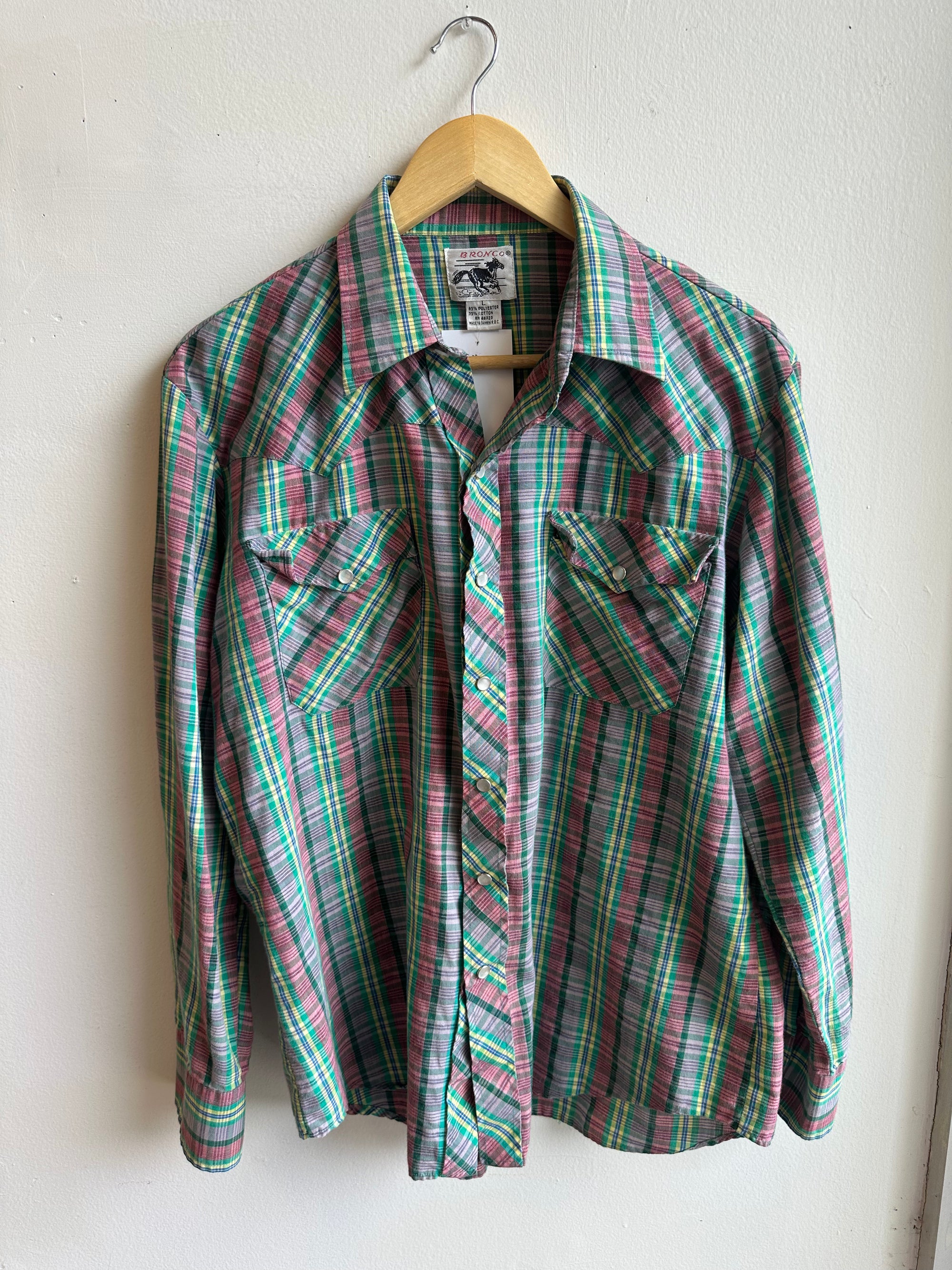 Vintage Bronco Plaid Western Snap Shirt | Size Large