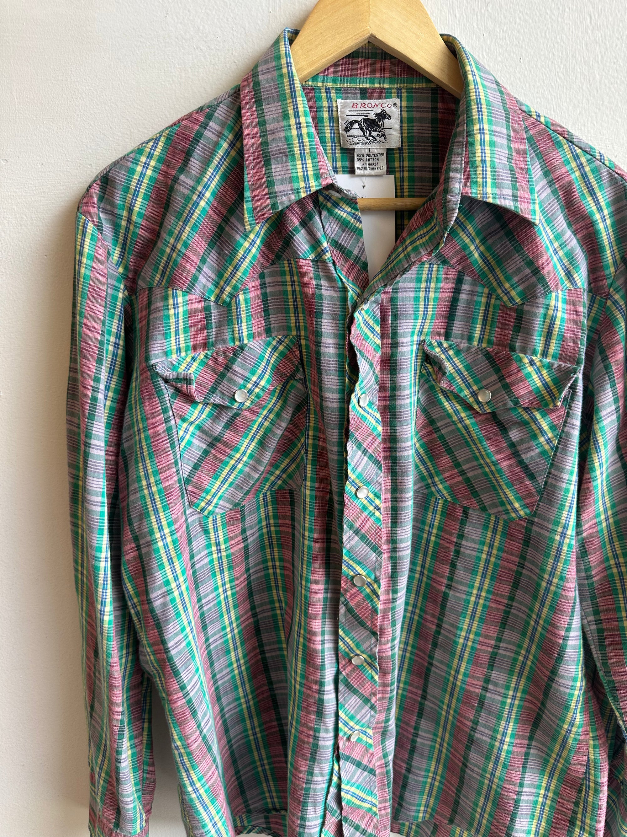Vintage Bronco Plaid Western Snap Shirt | Size Large