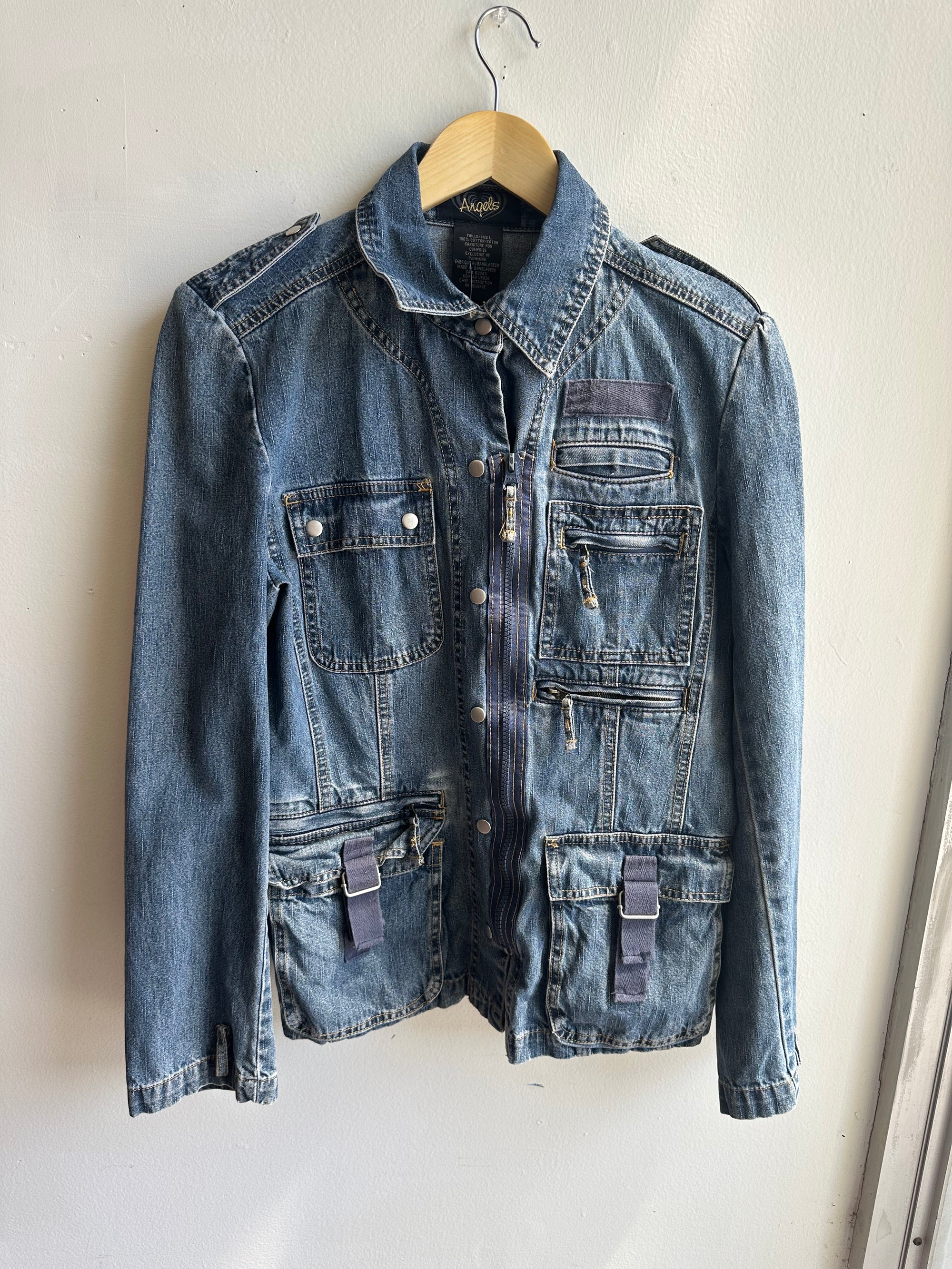 Vintage Y2K Utility Denim Jacket – Cargo Pocket Detail | Size Large