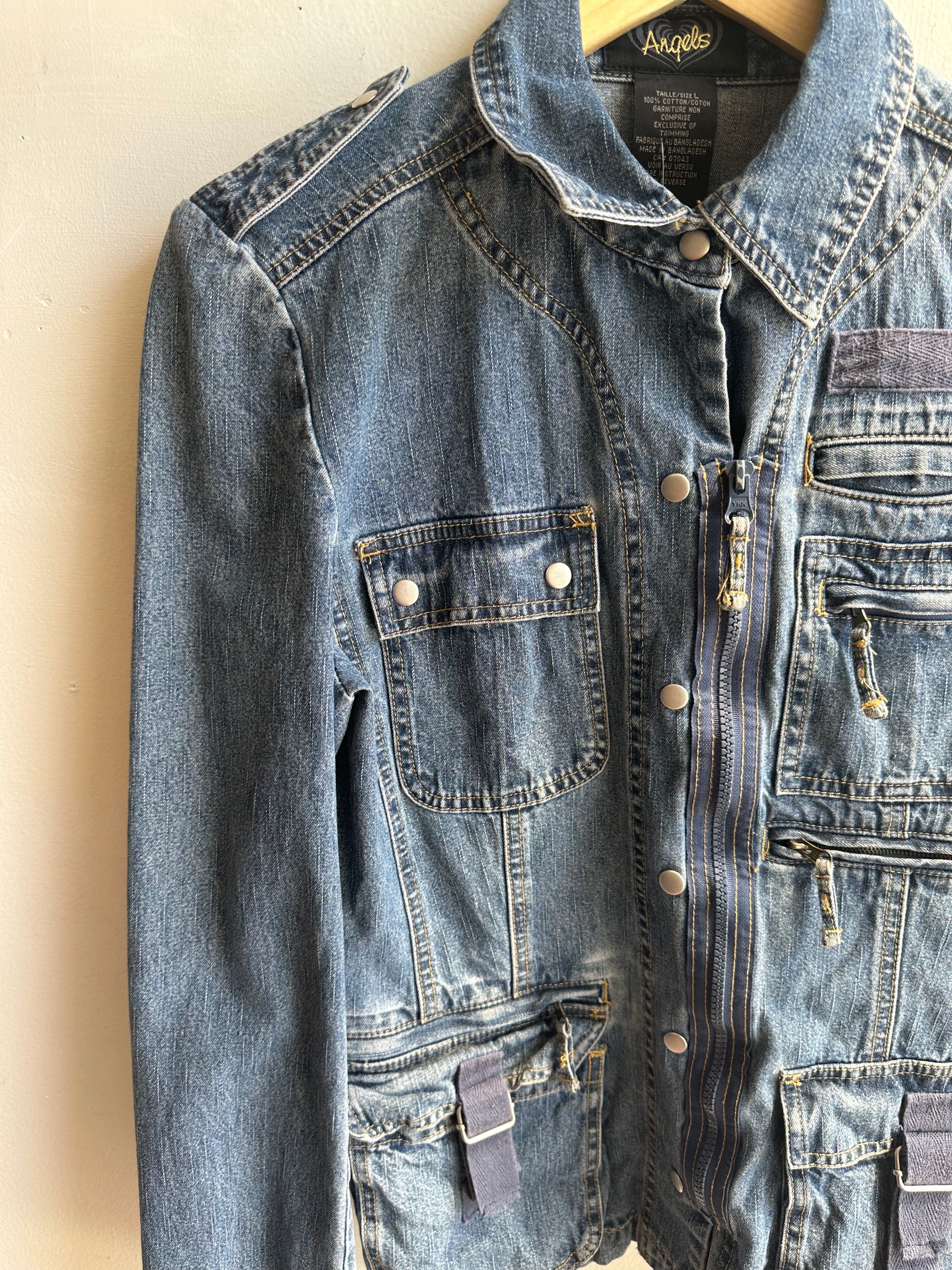 Vintage Y2K Utility Denim Jacket – Cargo Pocket Detail | Size Large