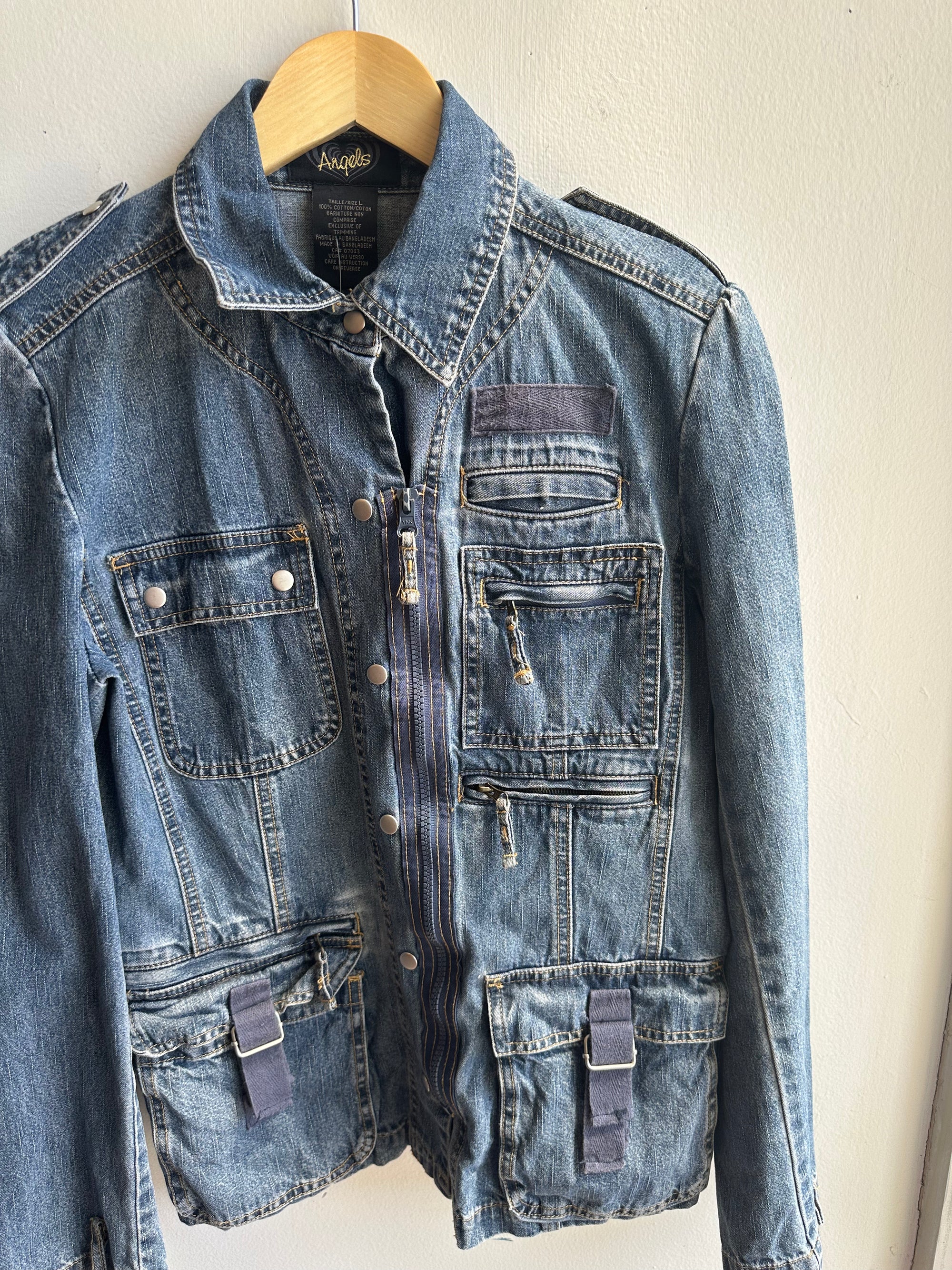 Vintage Y2K Utility Denim Jacket – Cargo Pocket Detail | Size Large