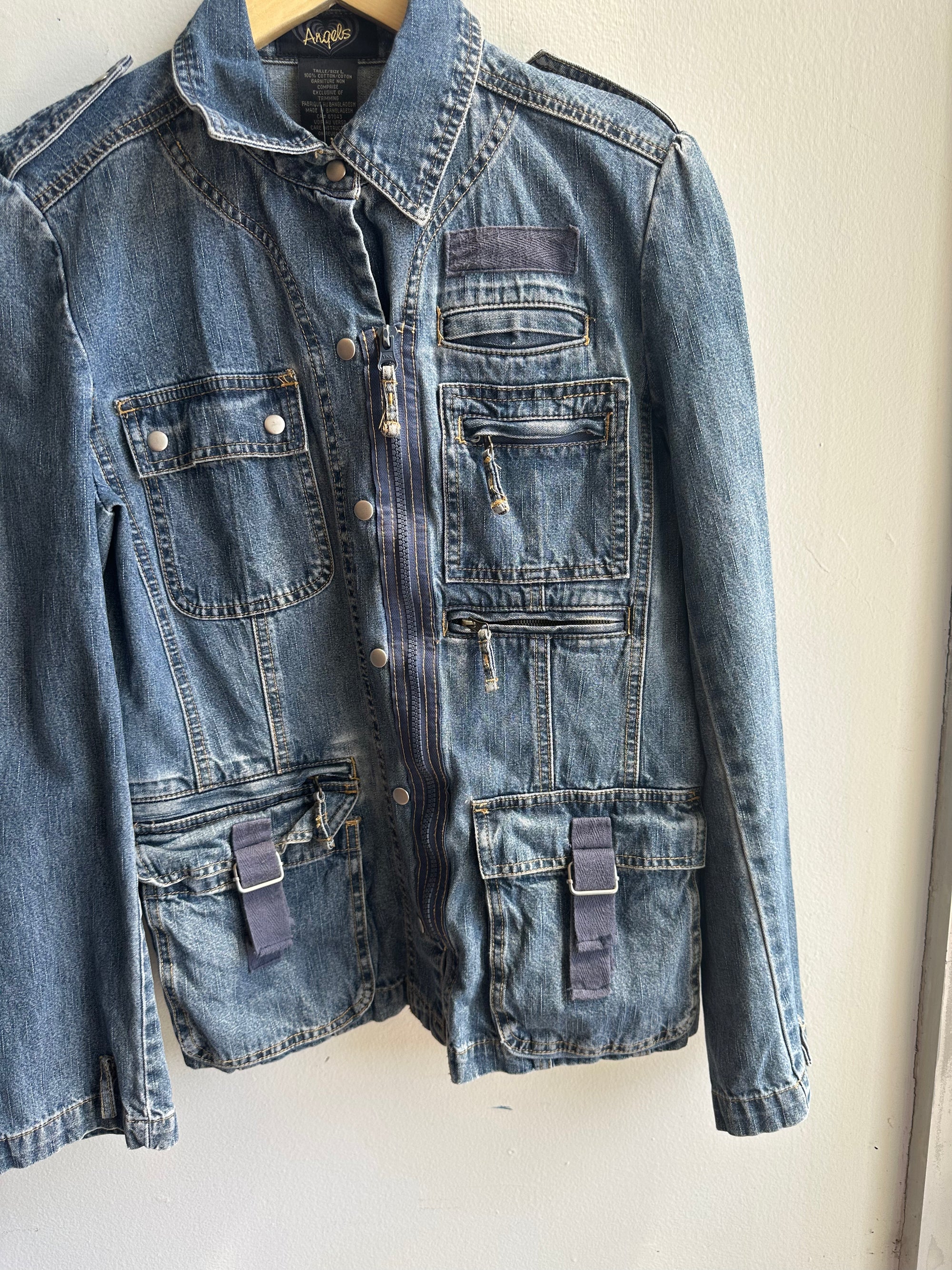 Vintage Y2K Utility Denim Jacket – Cargo Pocket Detail | Size Large