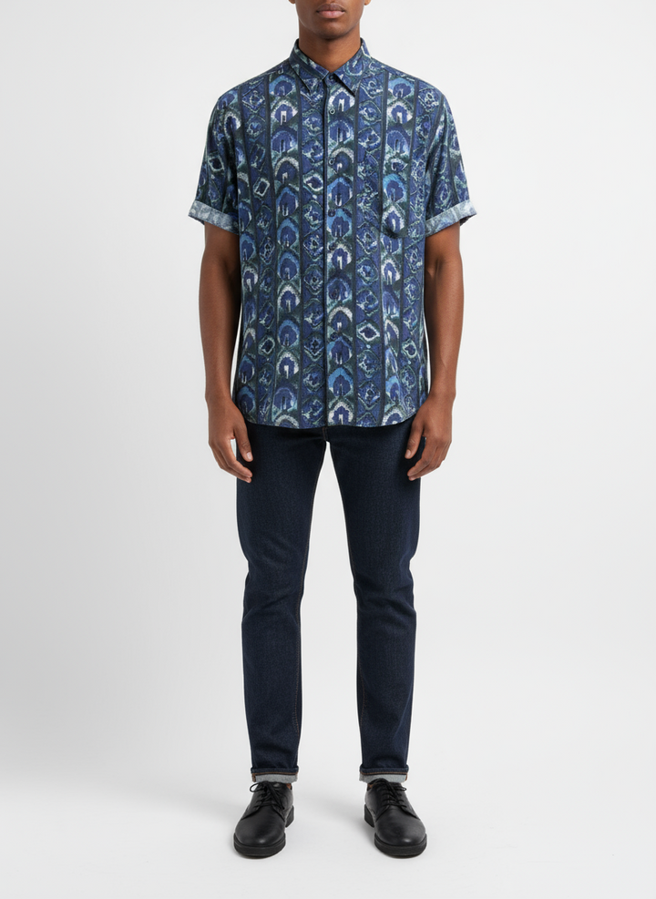 Vintage South Rayon Button-Up – Geometric Tribal Print (Fine Line) | Size Large