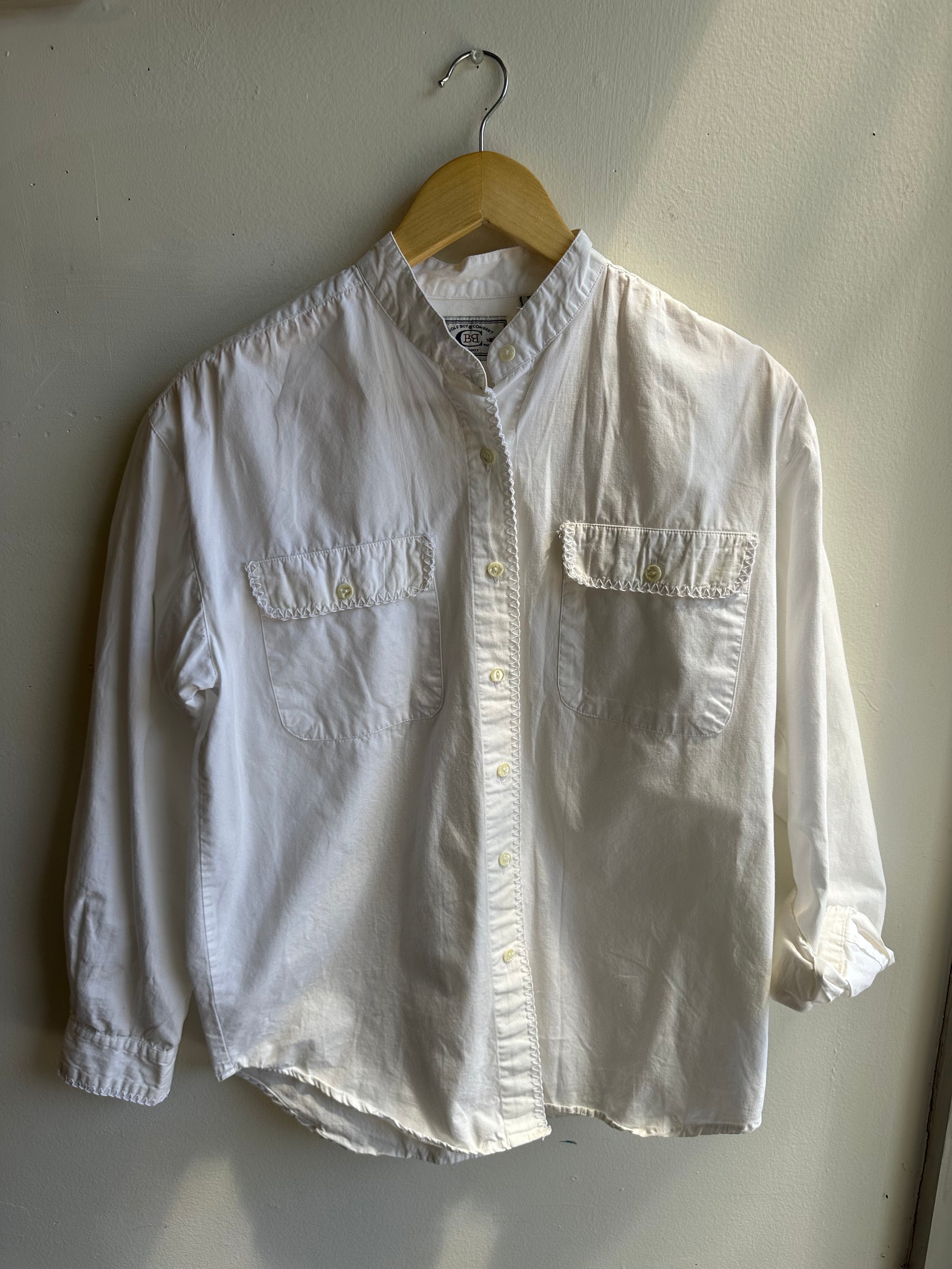 Vintage Bugle Boy Mandarin Collar Shirt – White Cotton Button-Up | Size Small