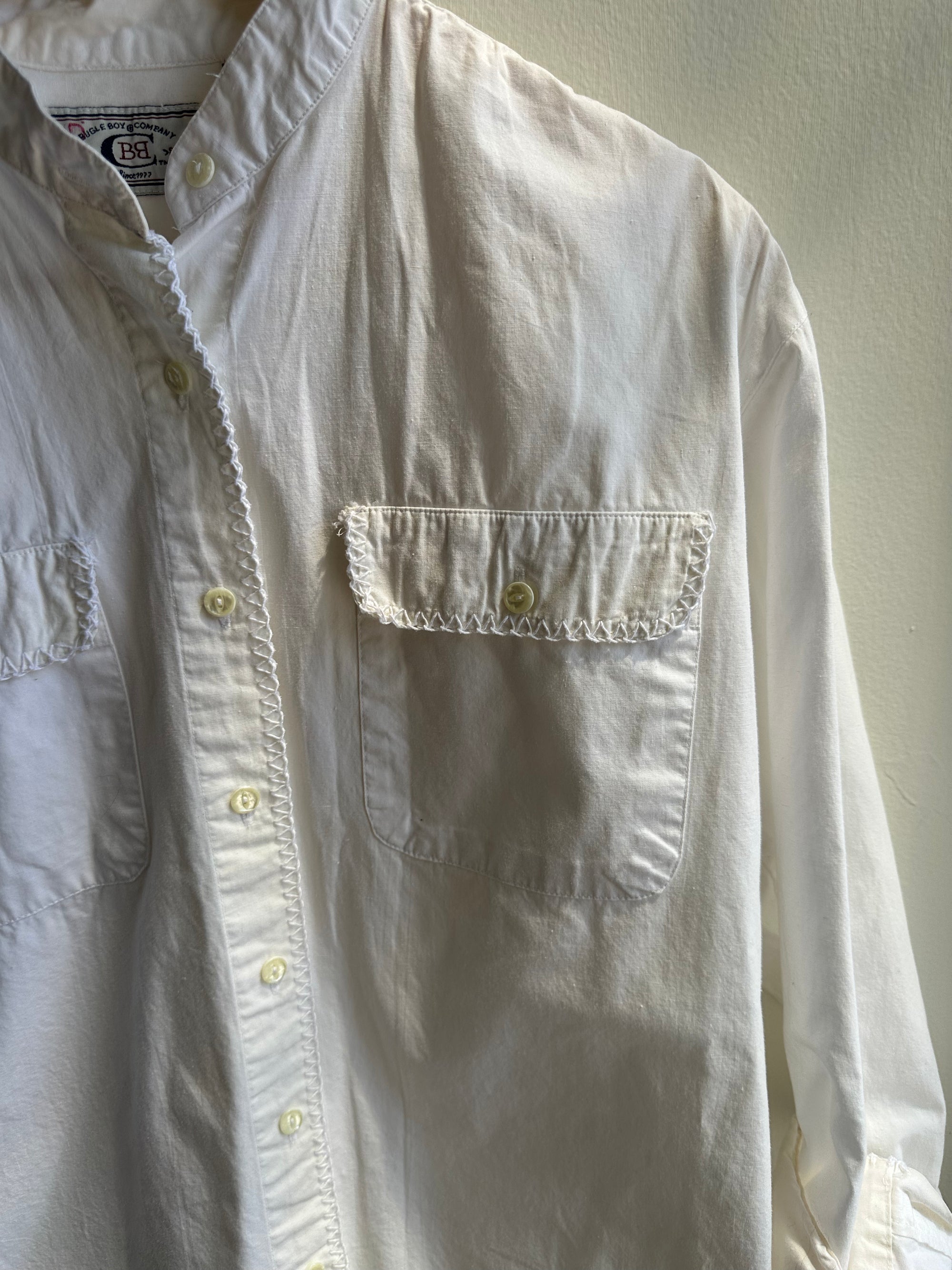 Vintage Bugle Boy Mandarin Collar Shirt – White Cotton Button-Up | Size Small