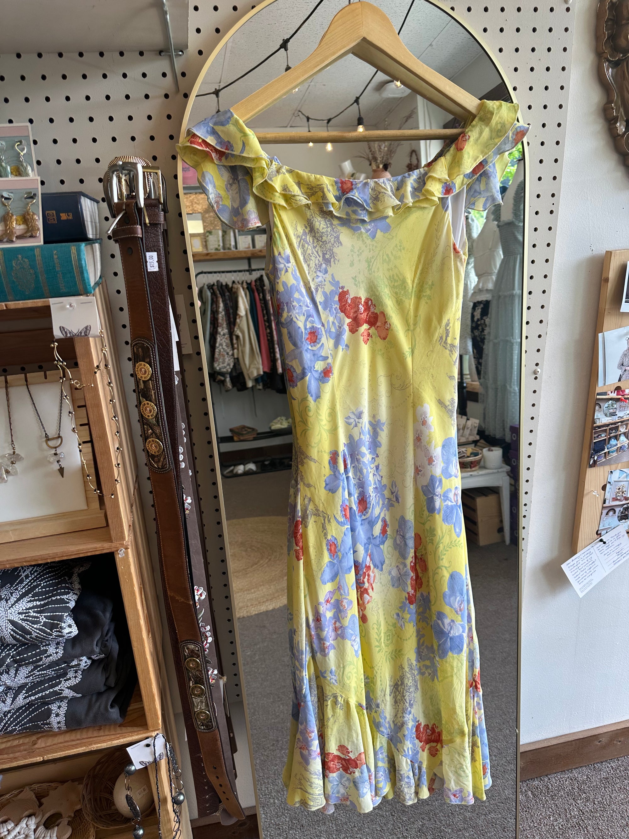 Vintage Cartise Ruffle-Shoulder Floral Dress – Lemon Zest & Lilac Bloom | Size 4