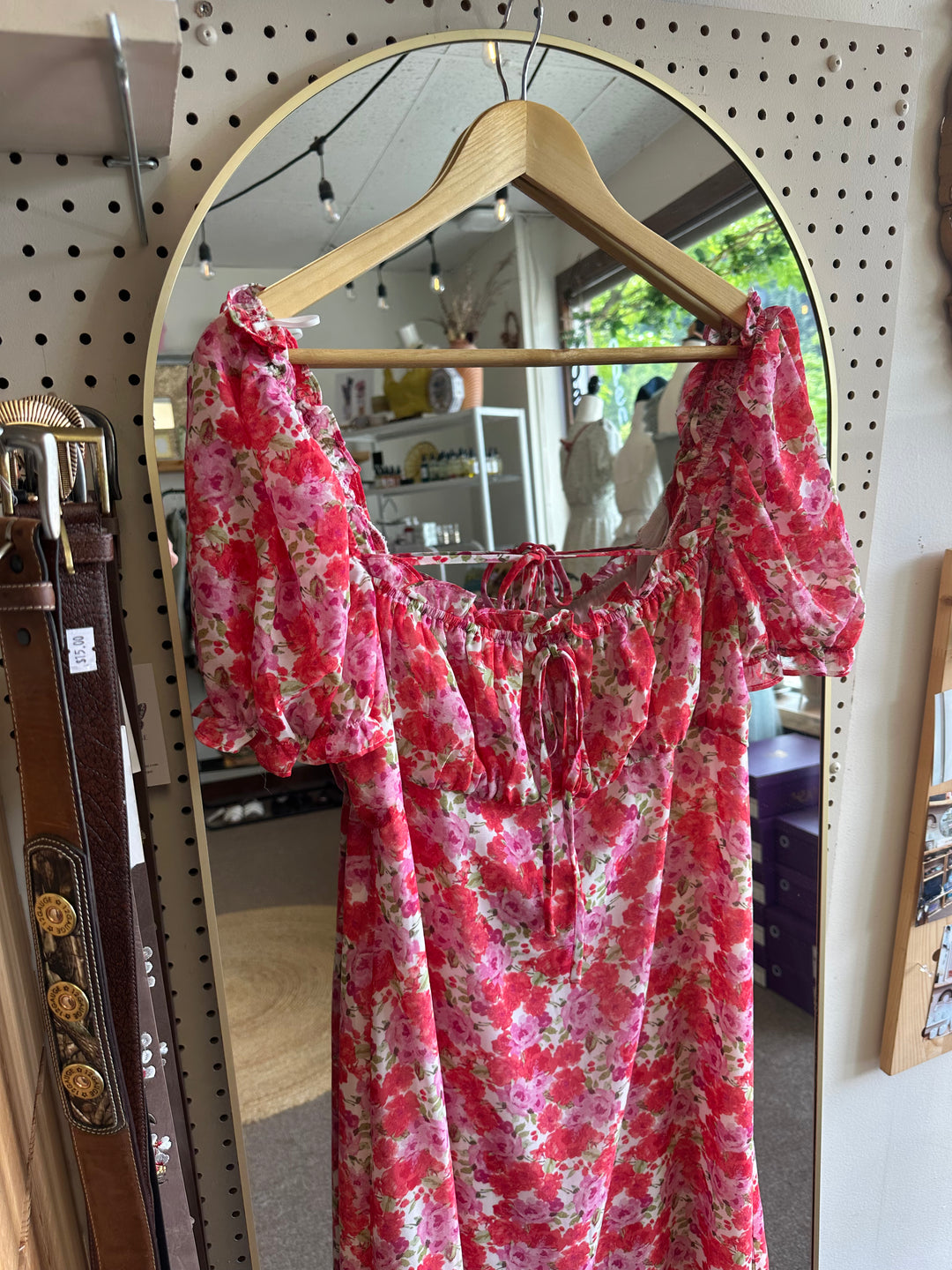 Floral Puff-Sleeve Midi Dress – Square Neckline in Rosy Bloom | Size Med/Large