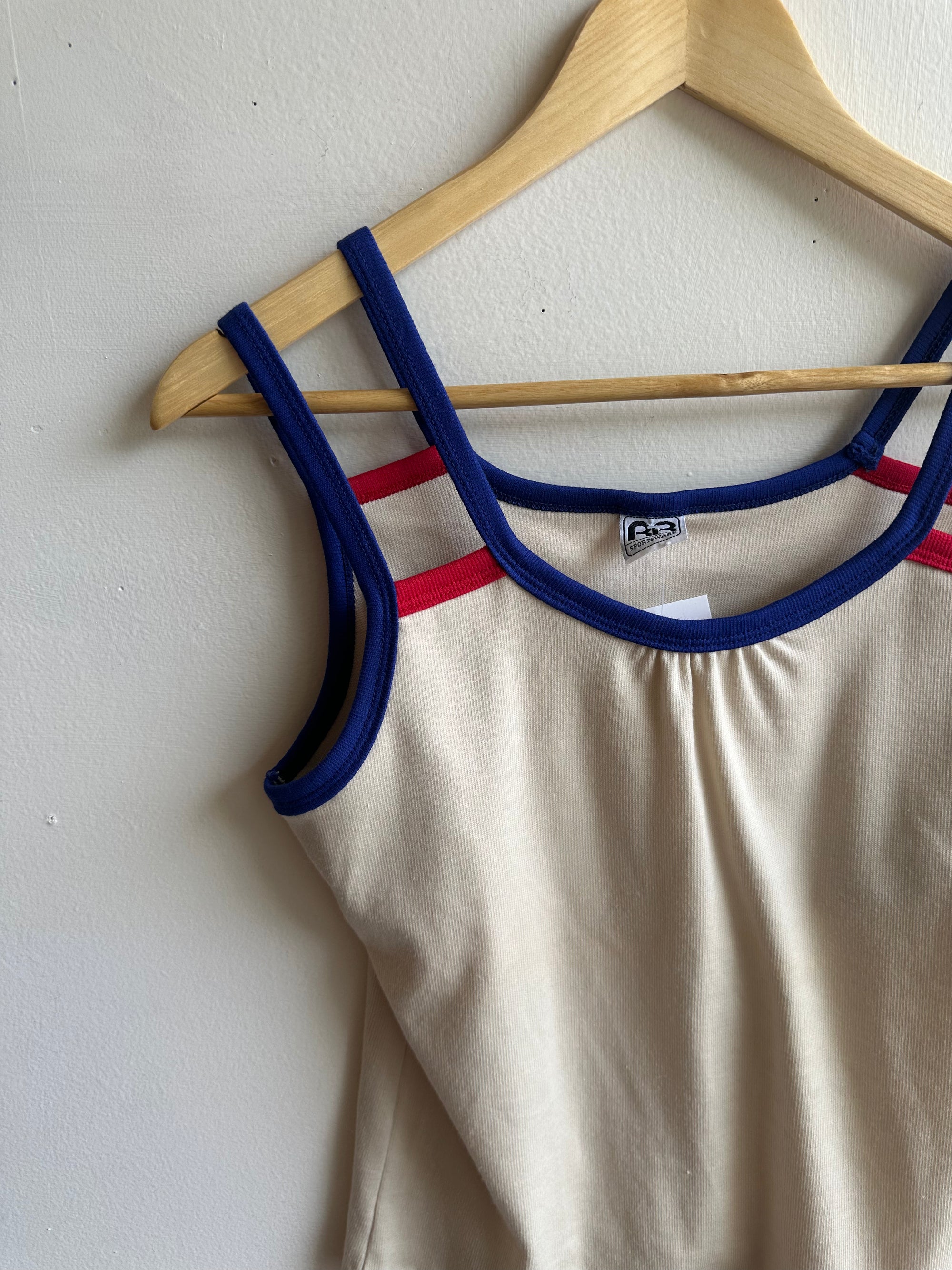 Vintage RR Sportsware Tank – Retro Racer Trim in Cream + Blue | Size Medium