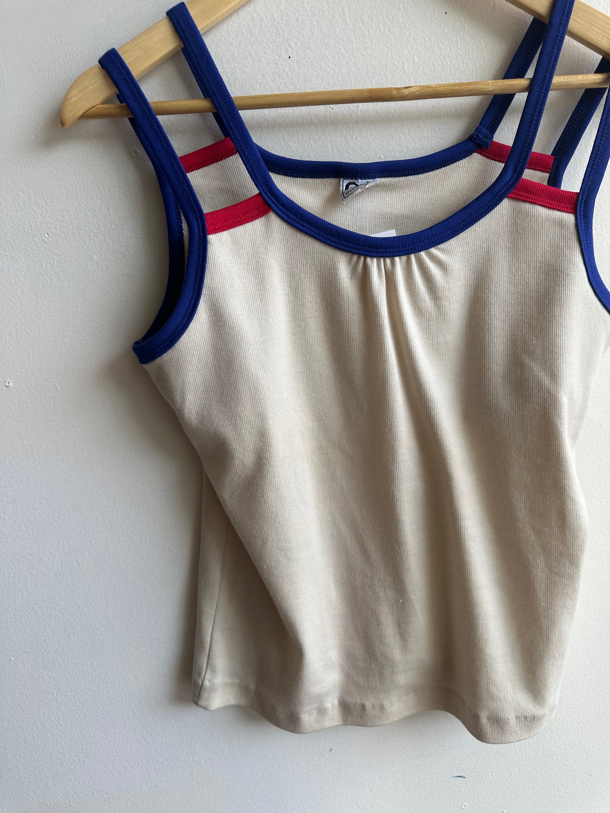 Vintage RR Sportsware Tank – Retro Racer Trim in Cream + Blue | Size Medium