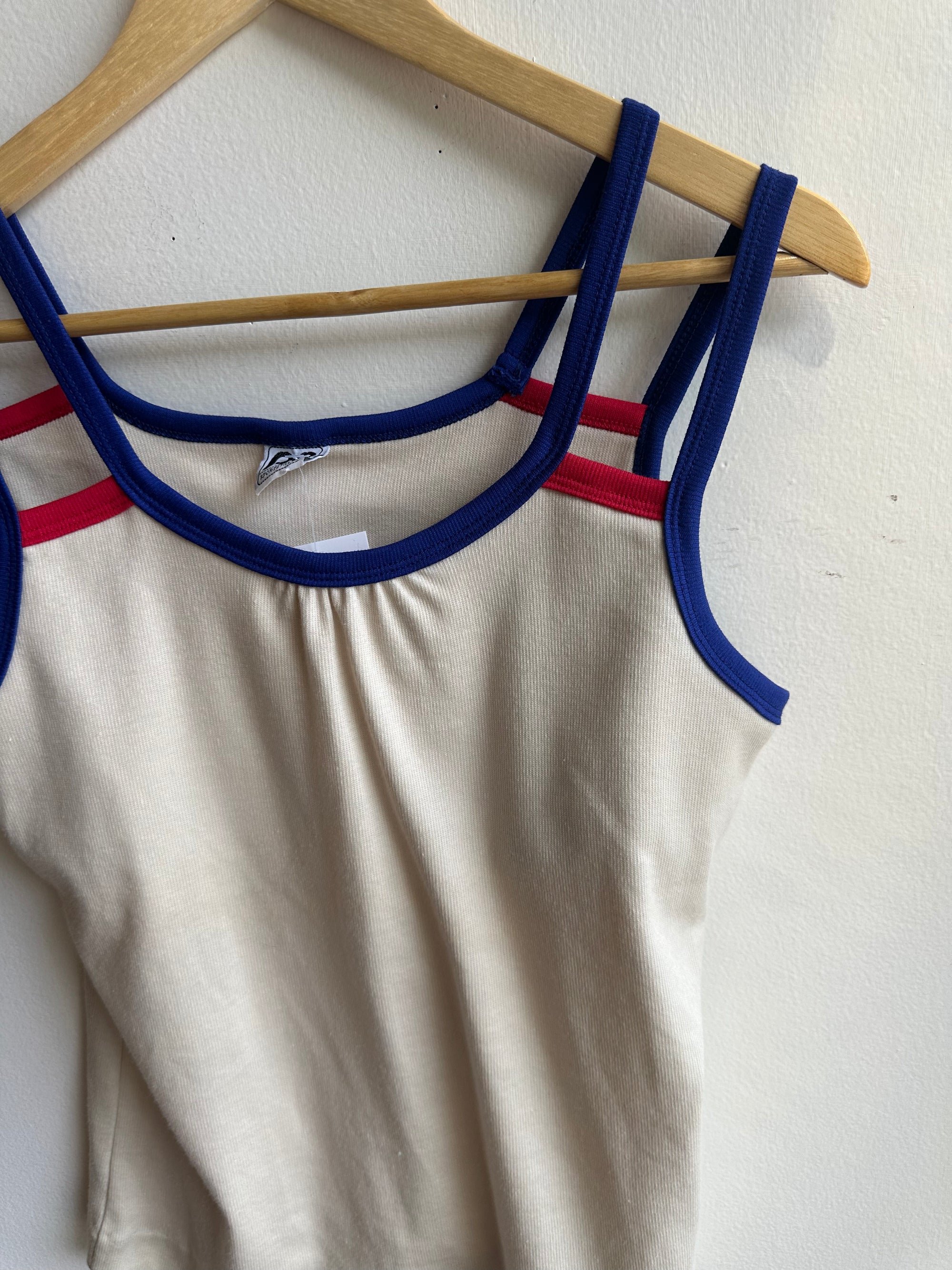 Vintage RR Sportsware Tank – Retro Racer Trim in Cream + Blue | Size Medium