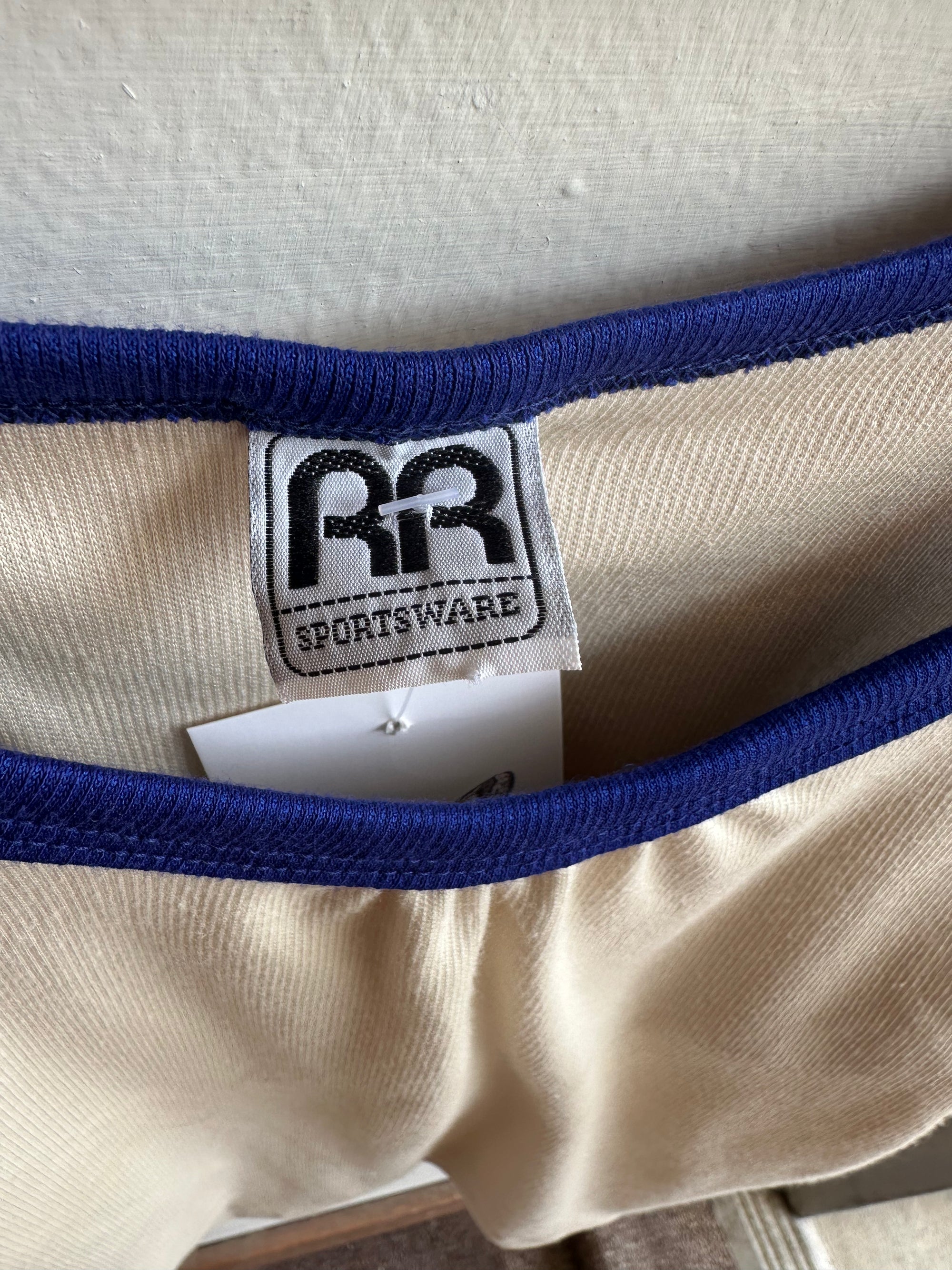 Vintage RR Sportsware Tank – Retro Racer Trim in Cream + Blue | Size Medium