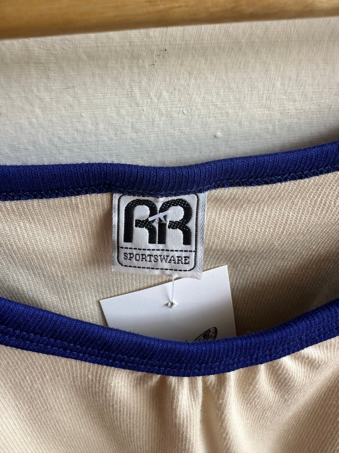Vintage RR Sportsware Tank – Retro Racer Trim in Cream + Blue | Size Medium