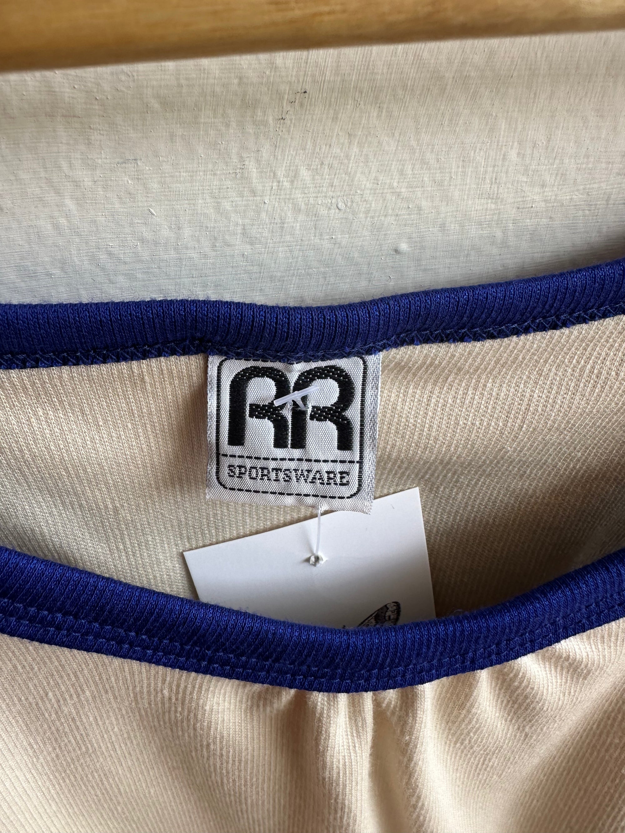 Vintage RR Sportsware Tank – Retro Racer Trim in Cream + Blue | Size Medium