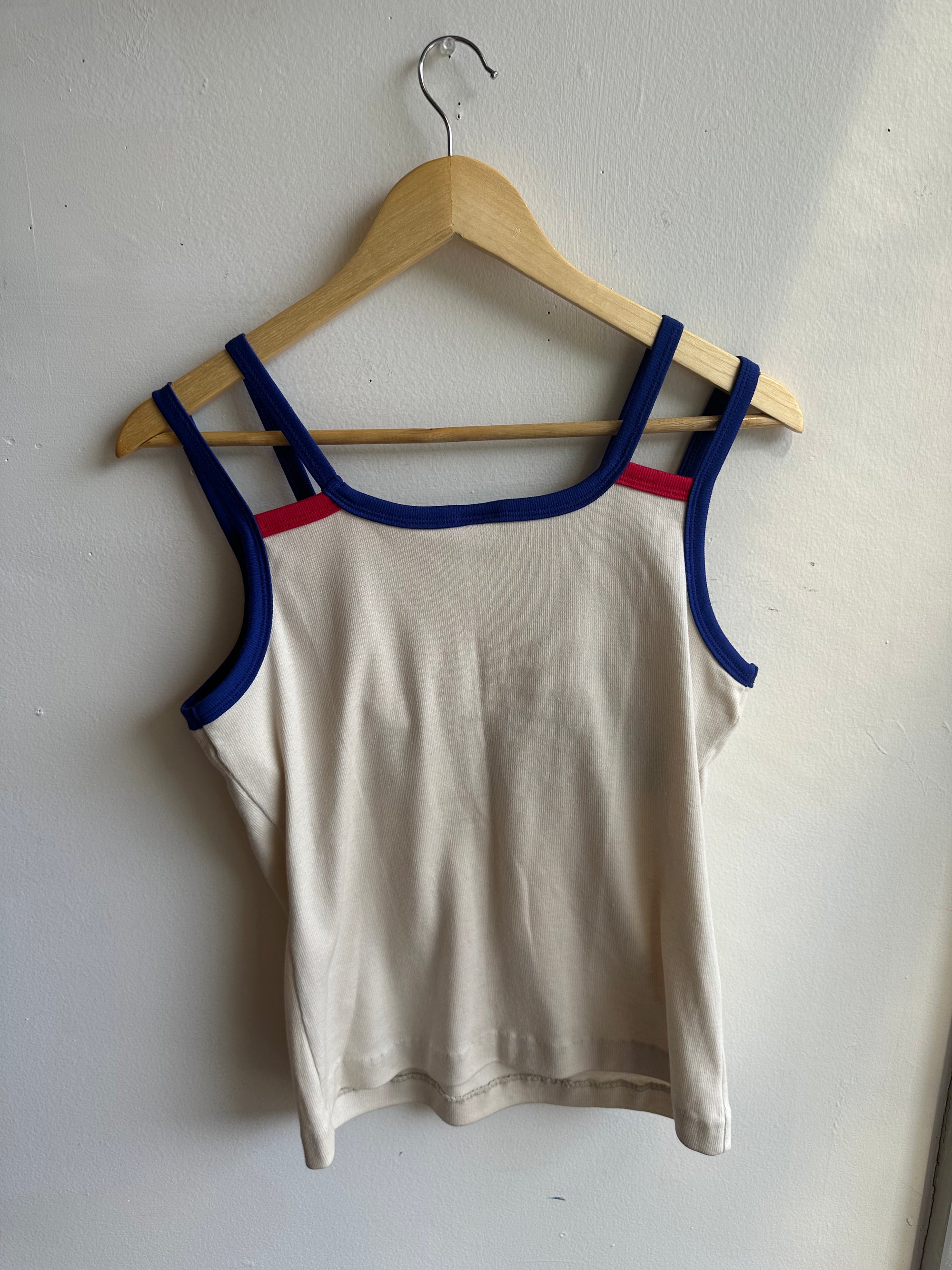 Vintage RR Sportsware Tank – Retro Racer Trim in Cream + Blue | Size Medium