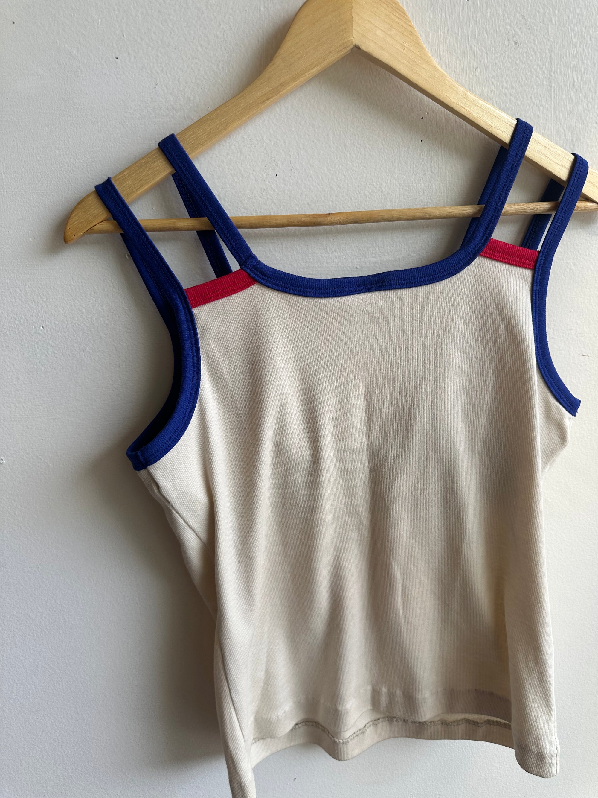 Vintage RR Sportsware Tank – Retro Racer Trim in Cream + Blue | Size Medium