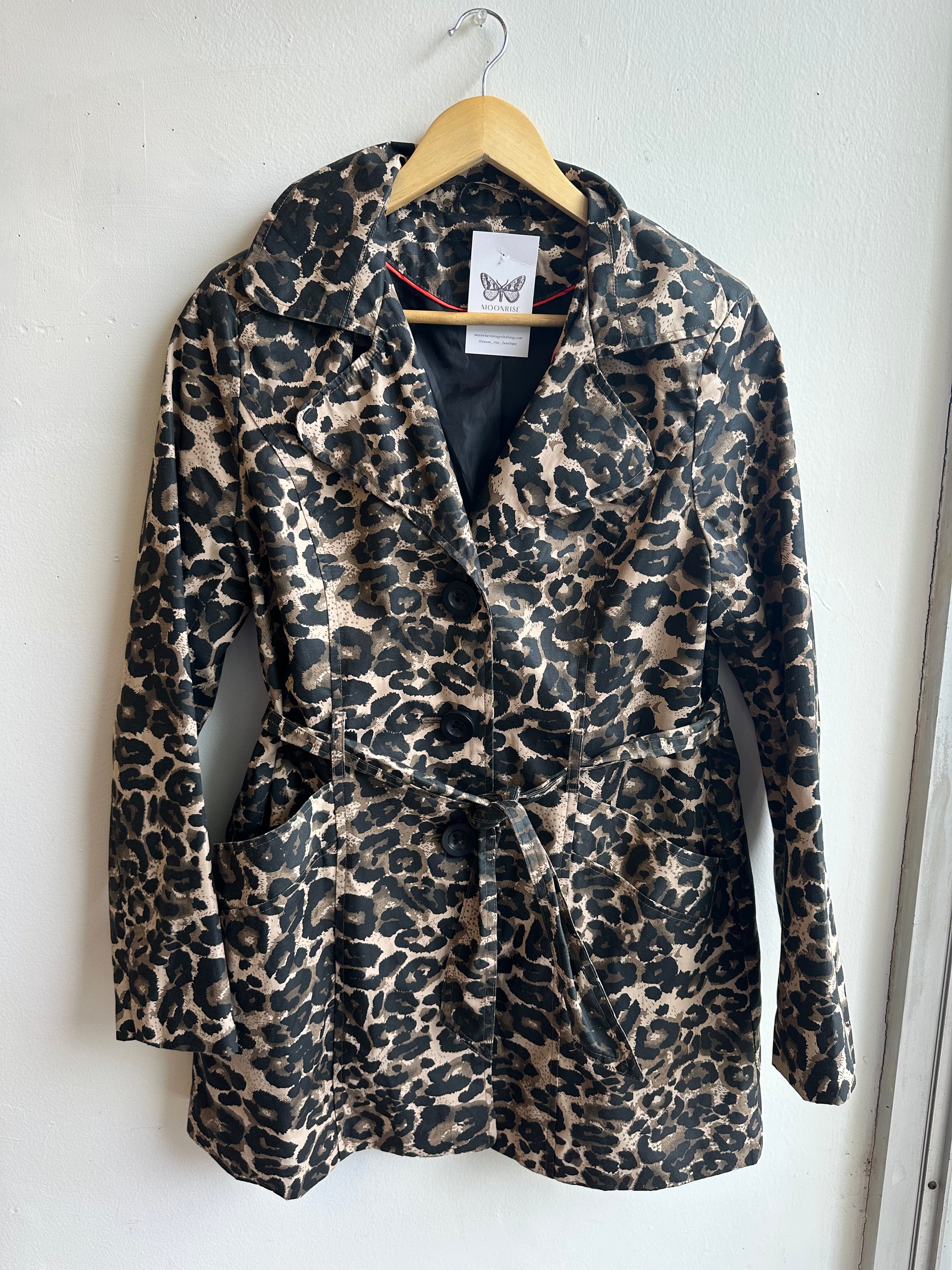 Vintage Leopard Print Belted Trench Coat – Size L