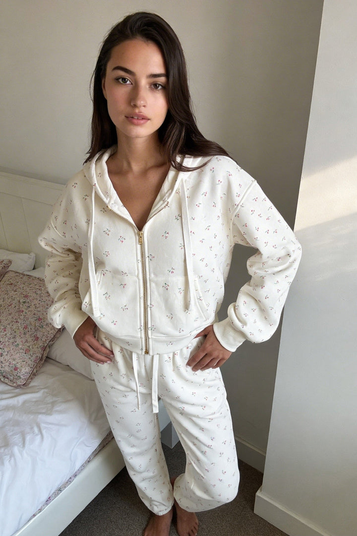 Camille – Cotton Signature Print Zip Hoodie &amp; Jogger Leisure Set 2PC In Floral