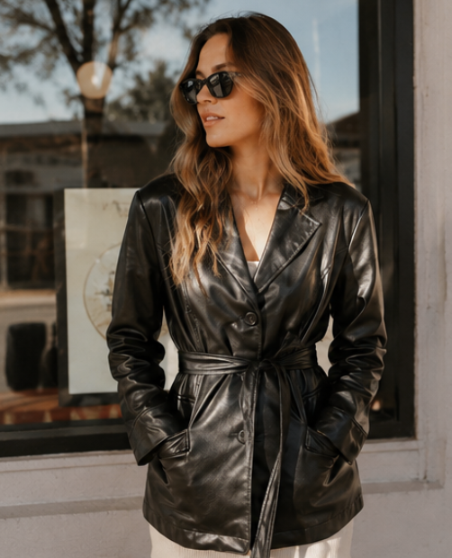 Vintage 90s Button Up Leather Jacket with Tie at Waist