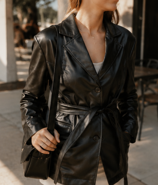 Vintage 90s Button Up Leather Jacket with Tie at Waist