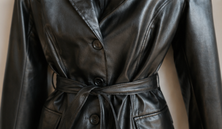 Vintage 90s Button Up Leather Jacket with Tie at Waist