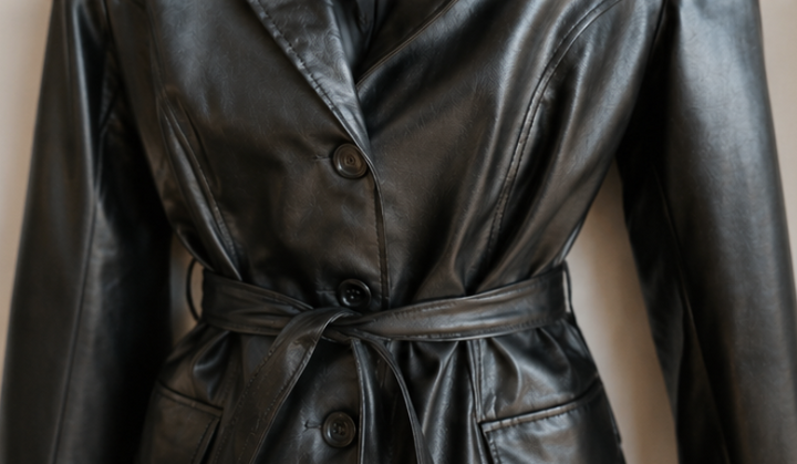 Vintage 90s Button Up Leather Jacket with Tie at Waist